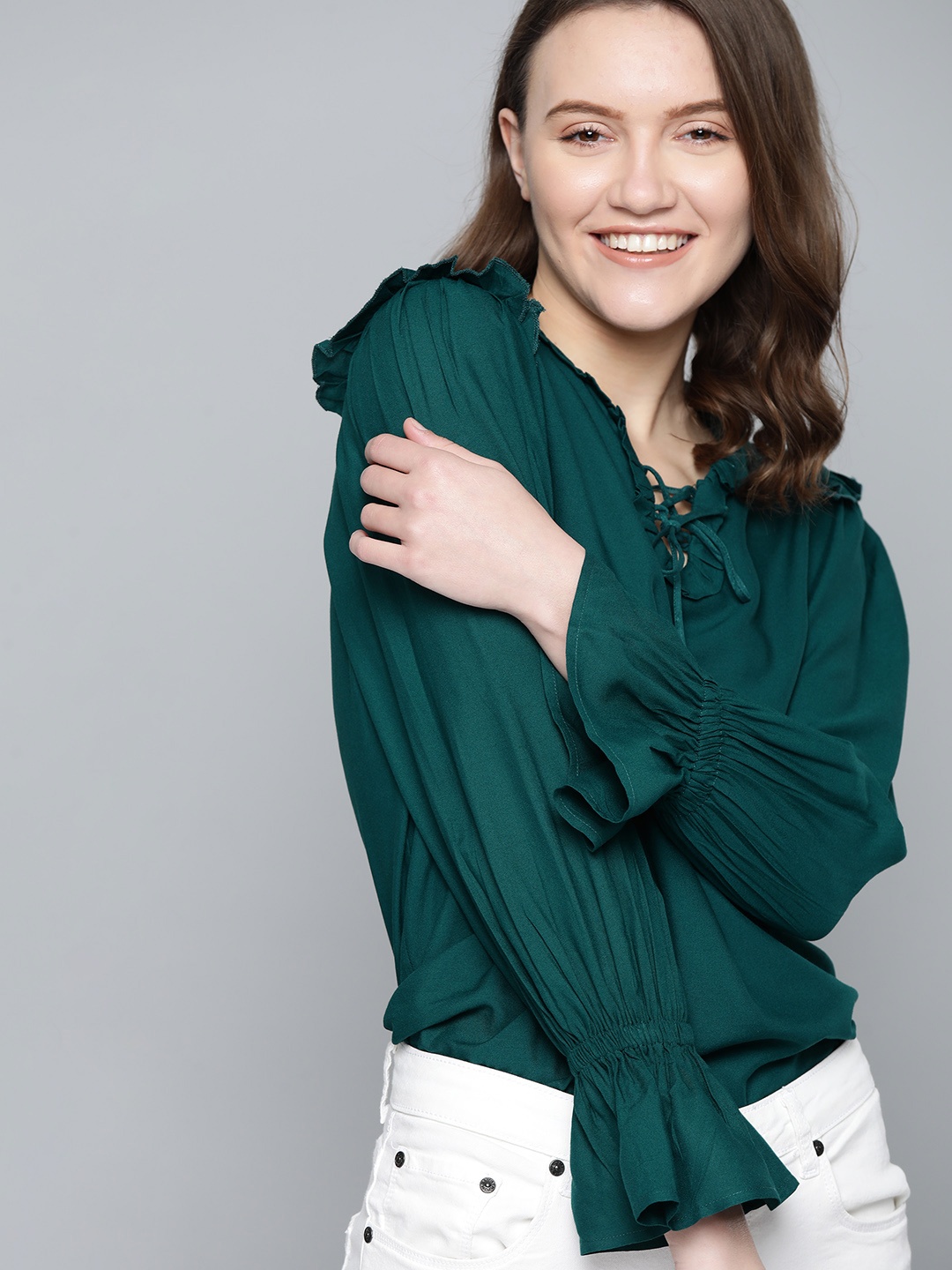 

M&H Our Water Women Green Solid Tie-Up Neck Ruffles Regular Top
