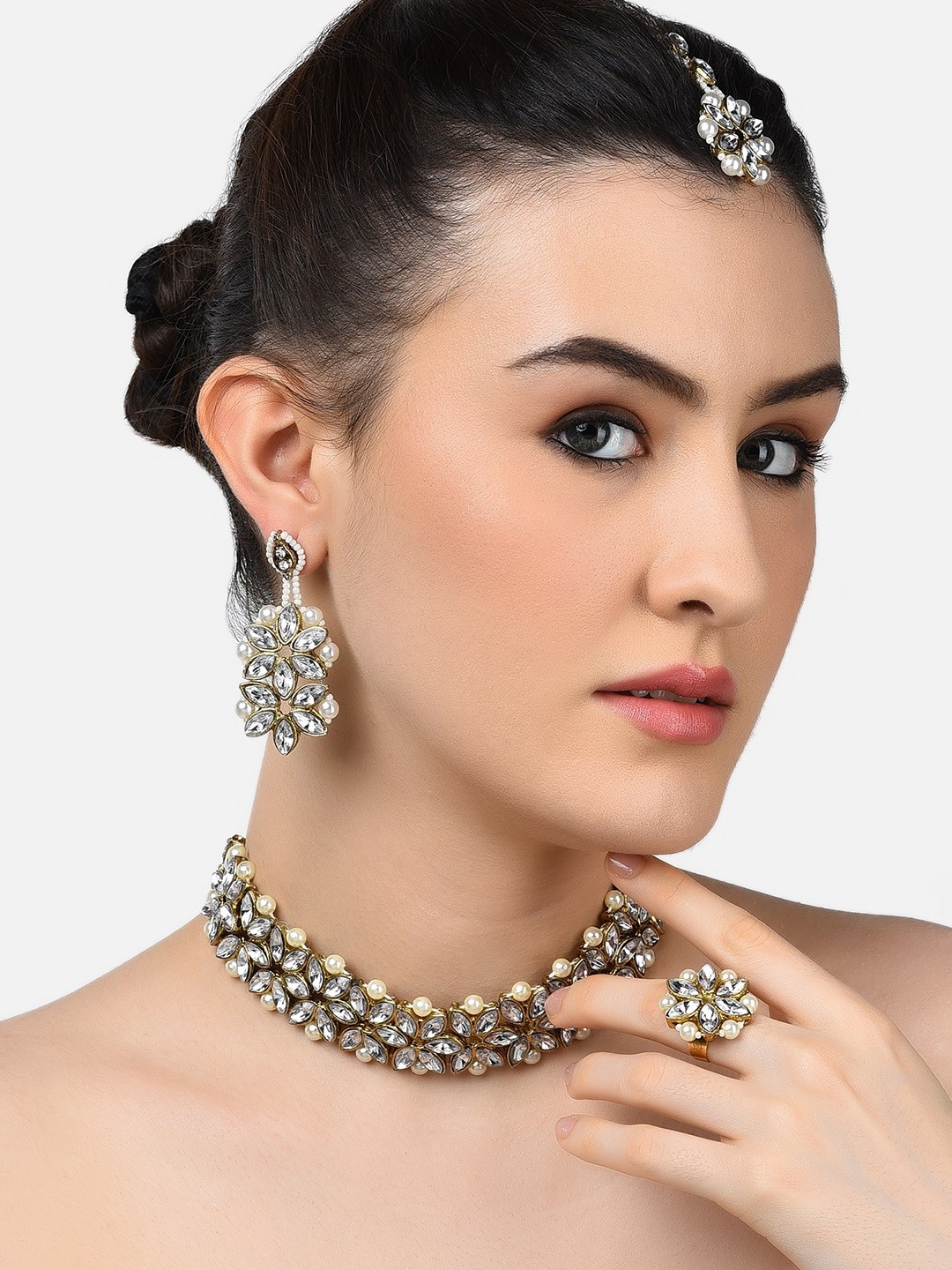 

Zaveri Pearls Gold-Plated & White Stone-Studded Jewellery Set
