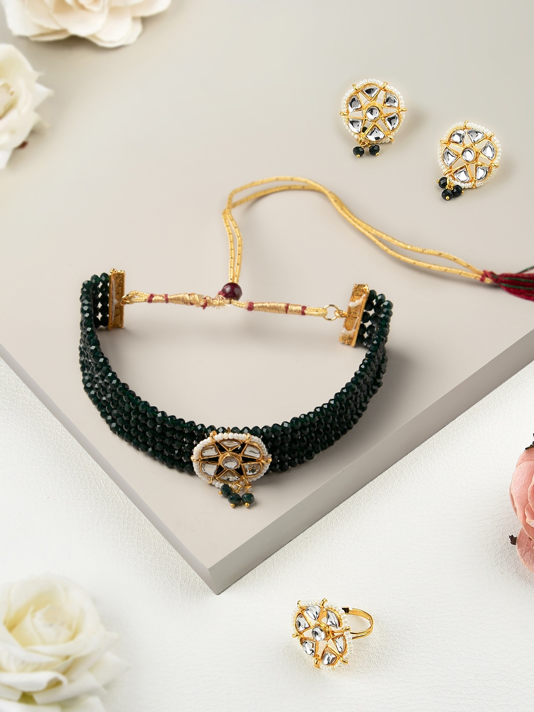 

Zaveri Pearls Gold-Plated Green & White Kundan-Studded & Beaded Choker Jewellery Set