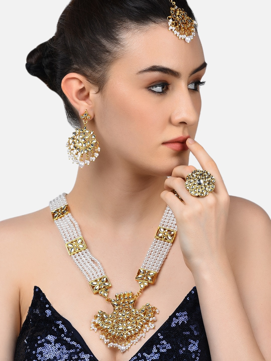 

Zaveri Pearls Gold-Plated & White Kundan-Studded Pearl Beaded Jewellery Set