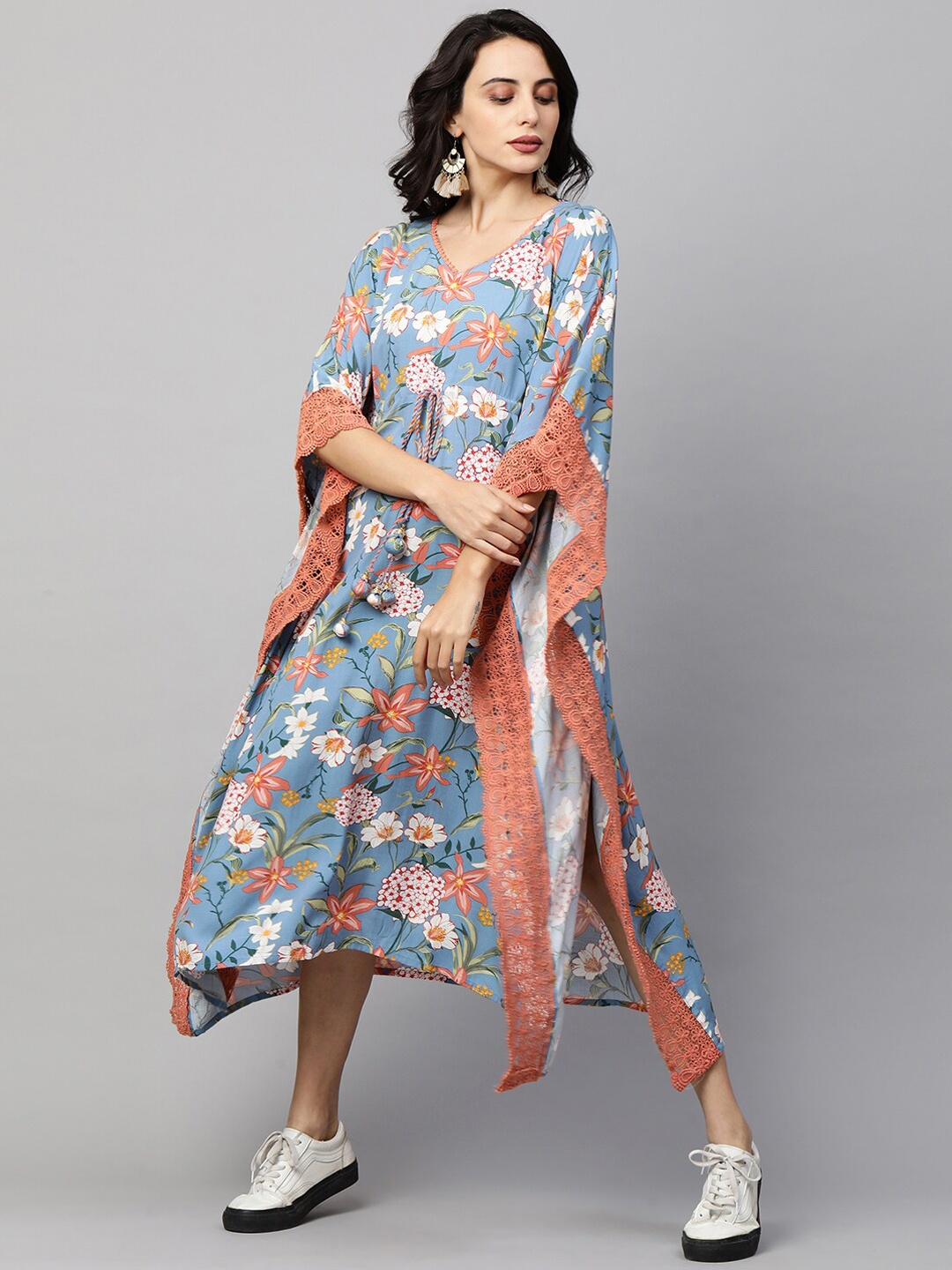 

FASHOR Blue & Peach-Coloured Floral Kaftan Midi Dress