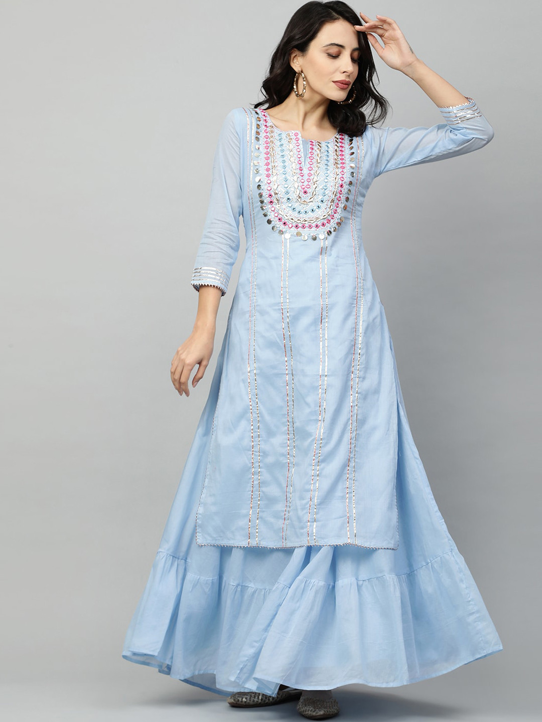

FASHOR Blue Ethnic Motifs Embroidered Layered Ethnic Maxi Dress