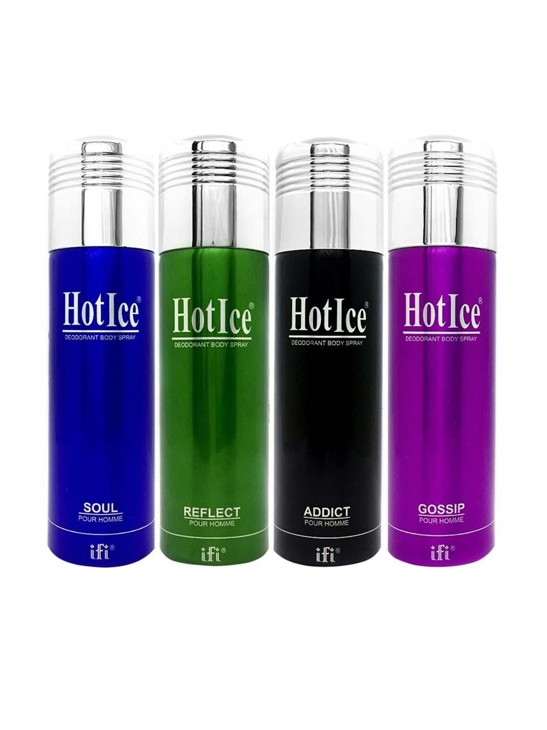 

Hot Ice Men Multi Set of 4 Soul, Reflect, Addict & Gossip Homme Deodorant 200ml Each