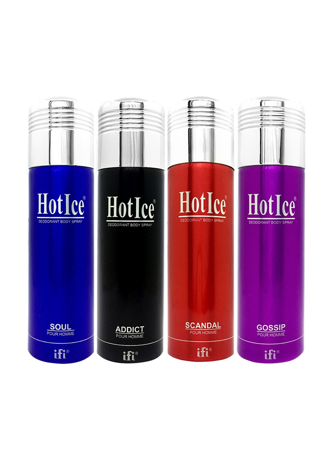 

Hot Ice Multi Set of 4 Soul, Addict, Scandal & Gossip Homme Deodorant 200ml Each