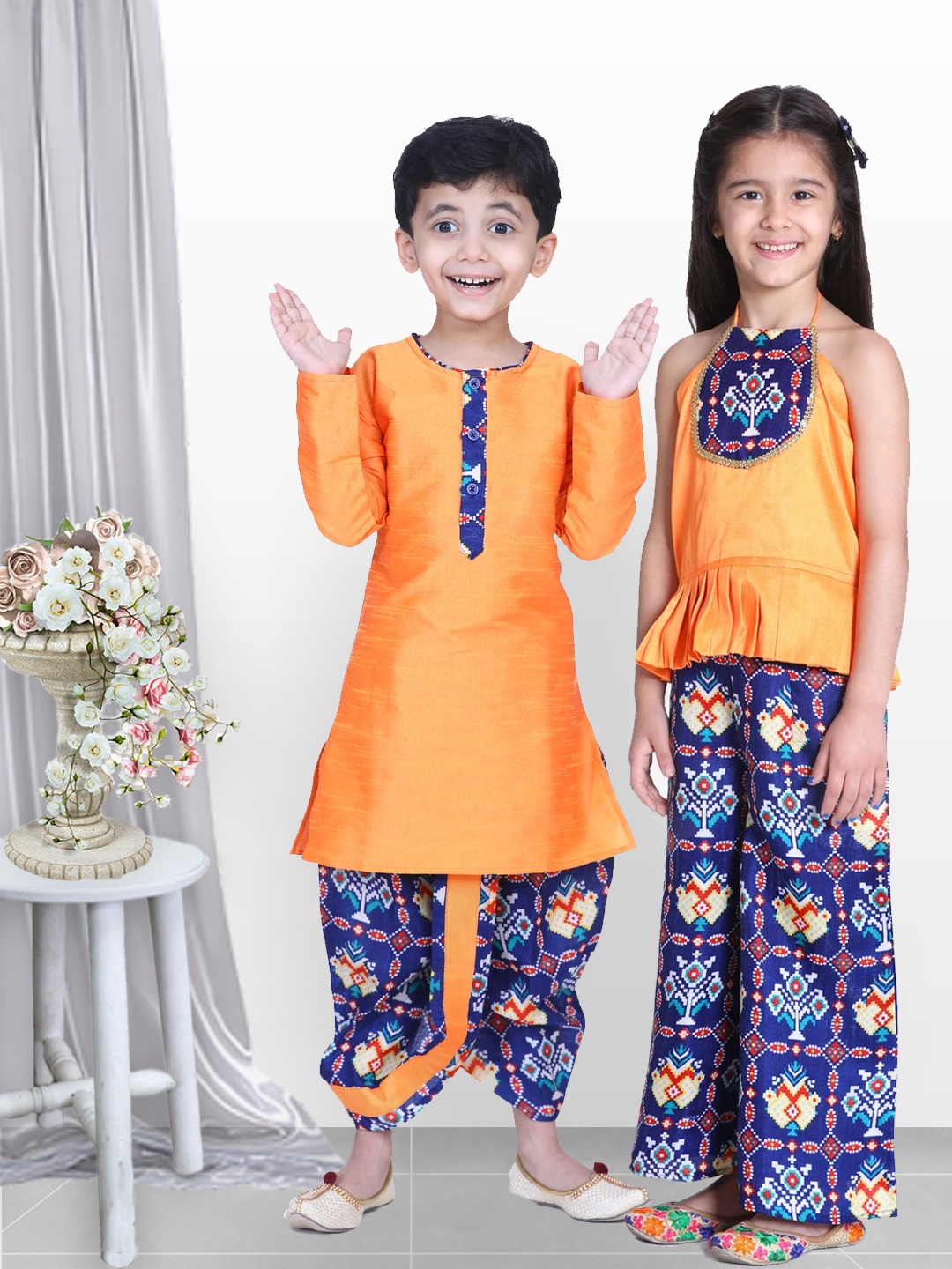 

BownBee Boys Orange Yoke Design Kurti with Dhoti Pants