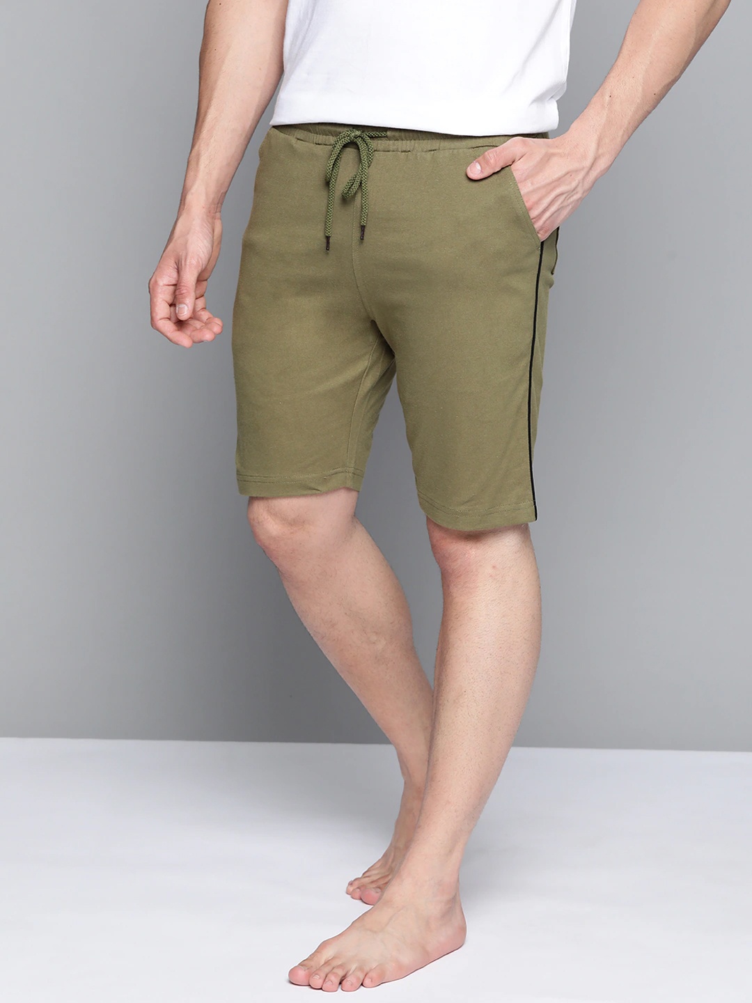 

Mast & Harbour Men Olive Green Solid Pure Cotton Knitted Lounge Shorts with Piping