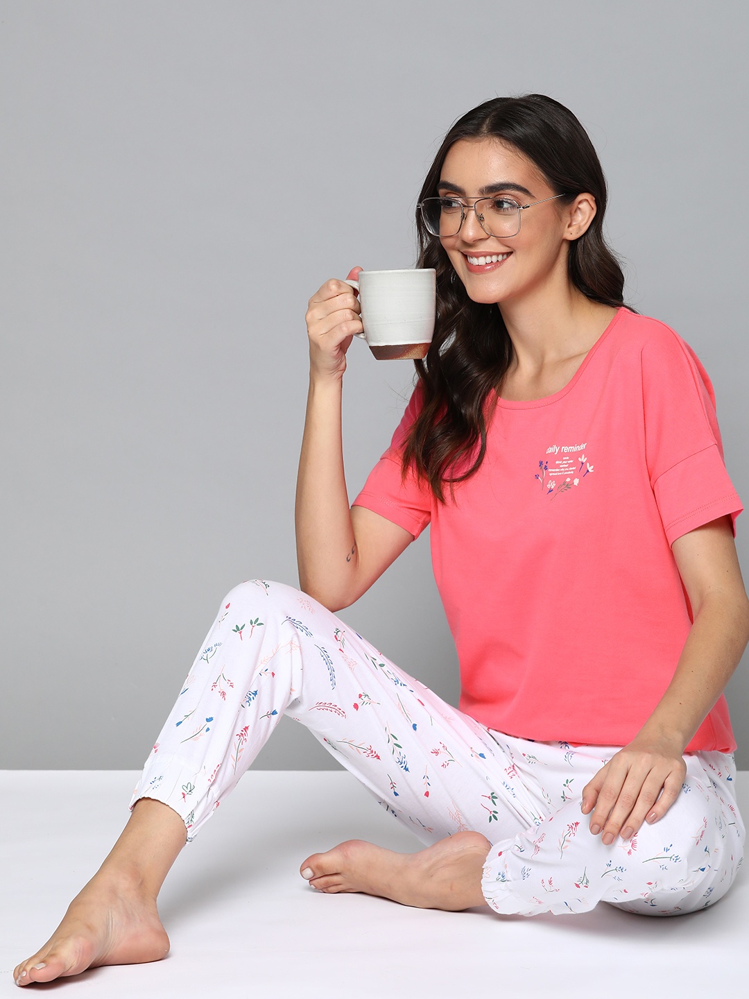 

Mast & Harbour Women Pink & White Printed Drop Shoulder Pure Cotton Pyjama Set