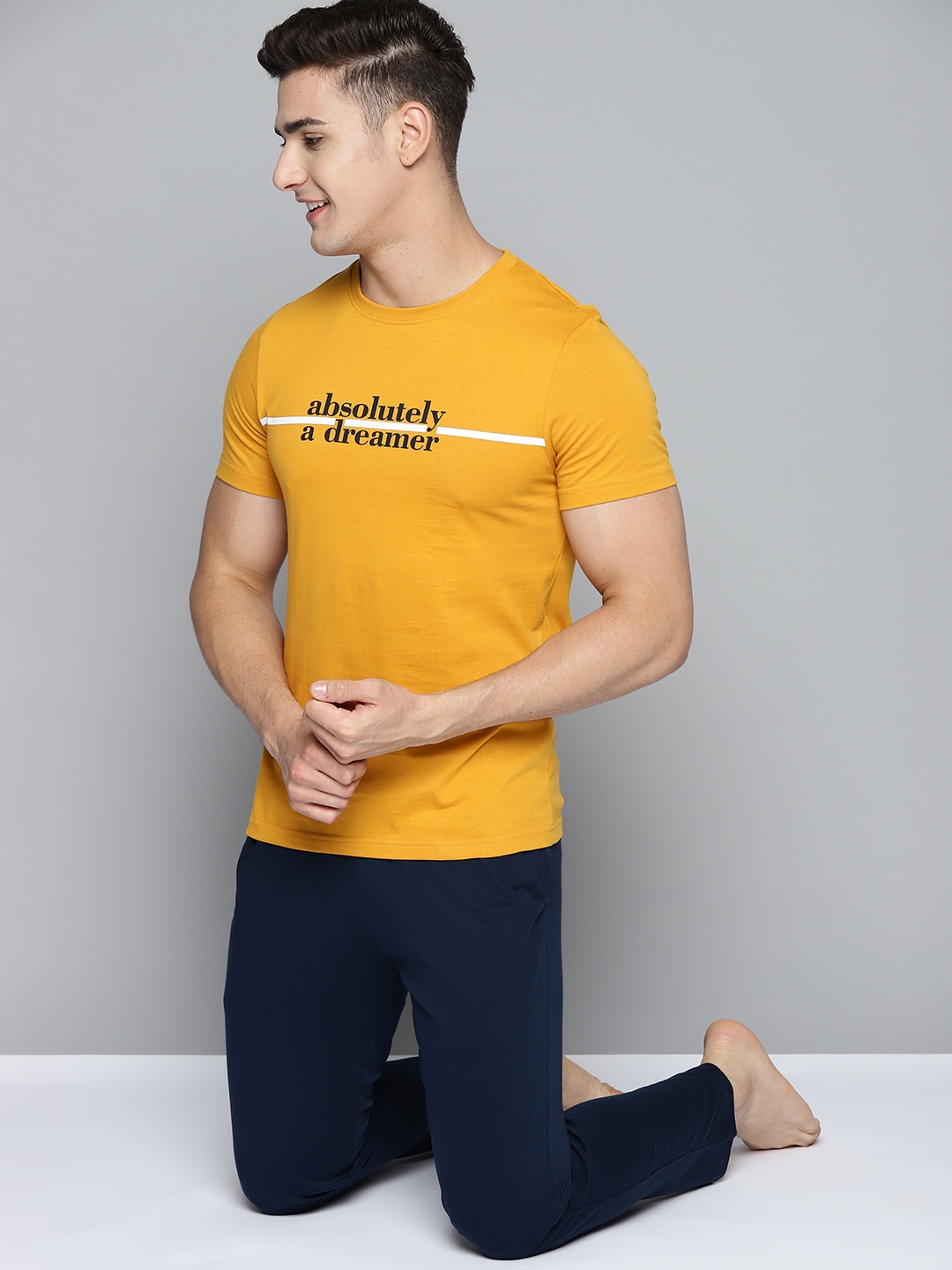

Mast & Harbour Men Mustard Yellow & Navy Blue Pure Cotton Printed Pyjama Set