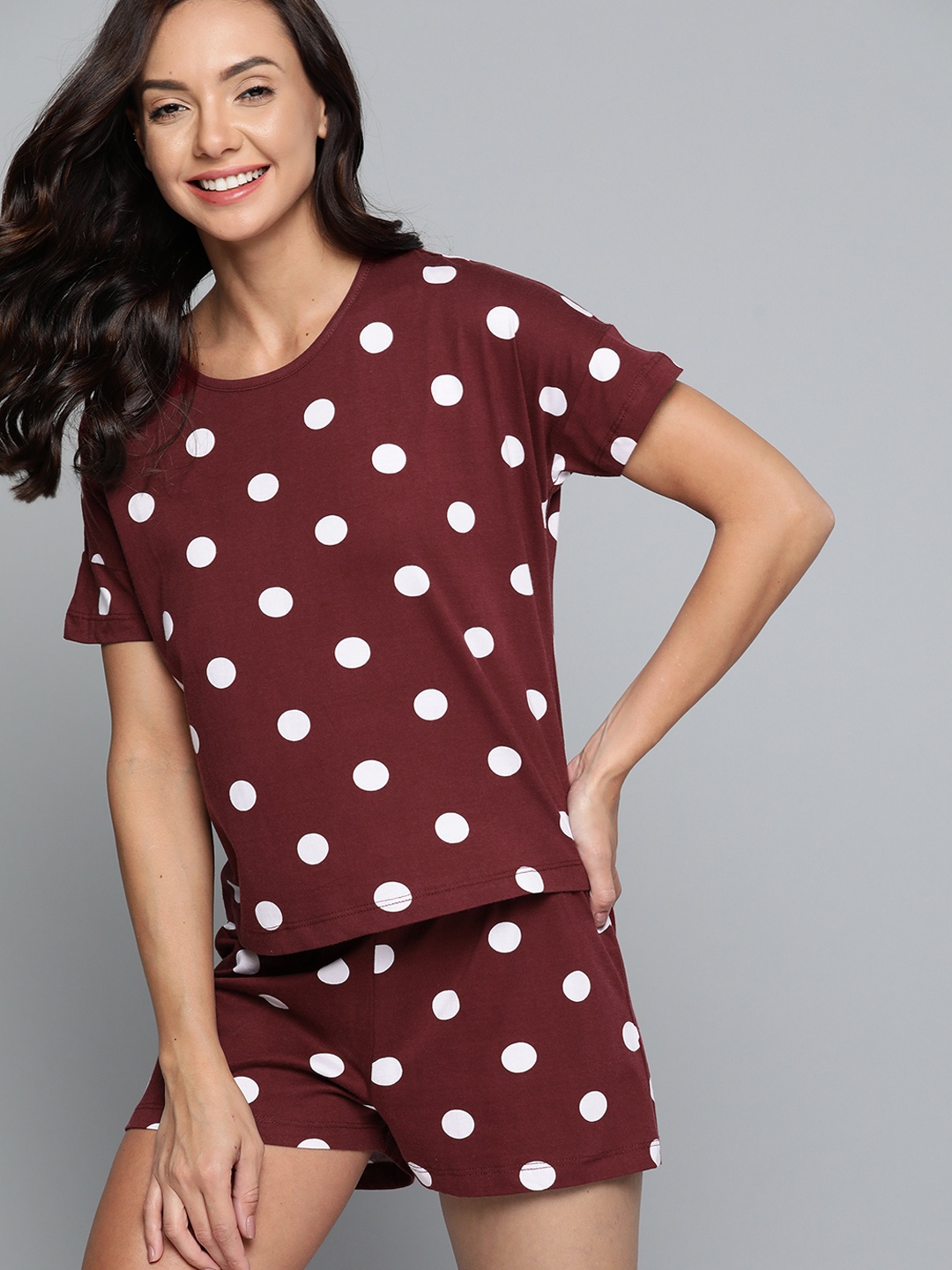 

Mast & Harbour Women Maroon & White Pure Cotton Polka Dots Printed Shorts Set