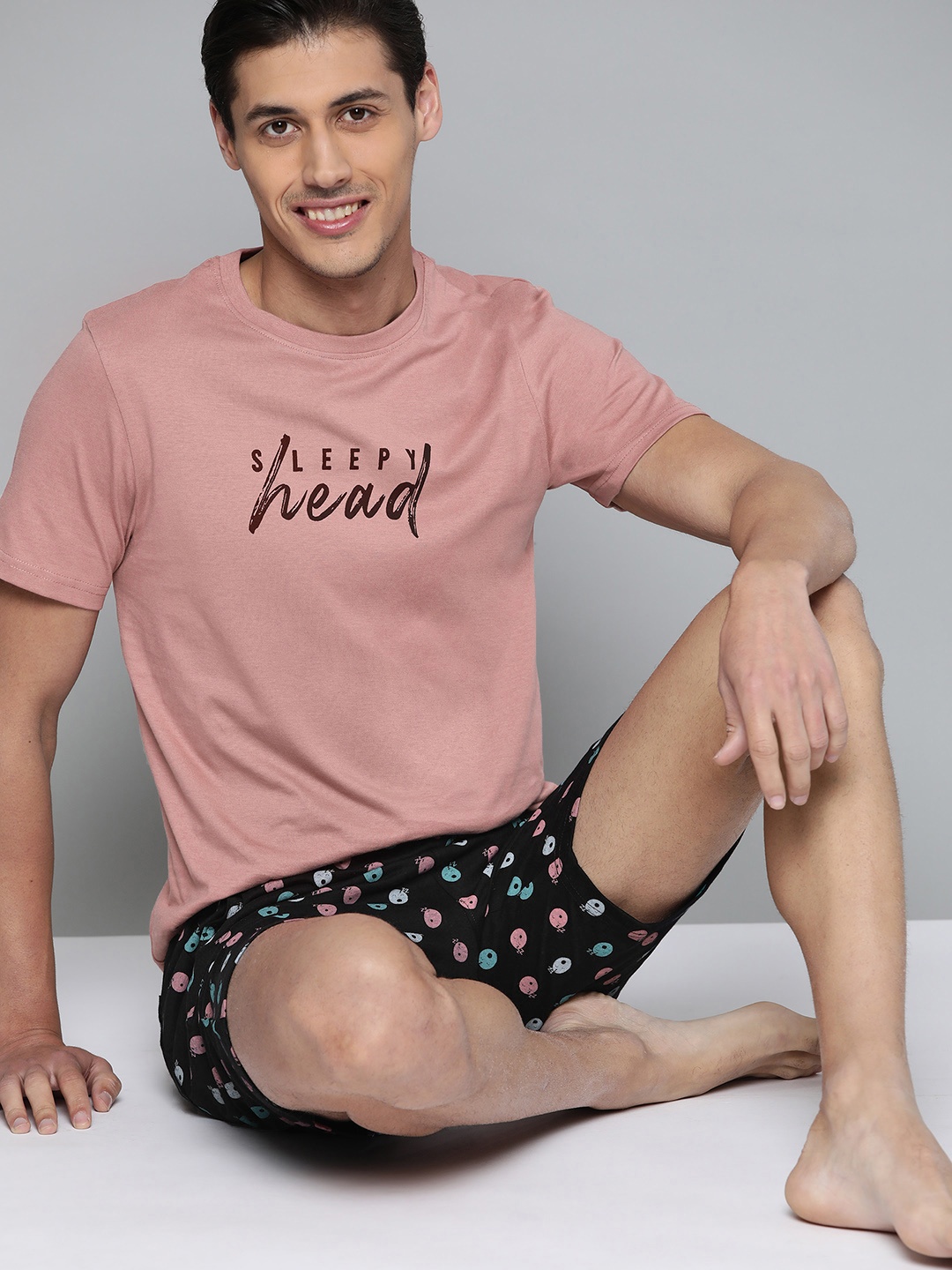 

Mast & Harbour Men Pink & Black Printed Pure Cotton Night suit