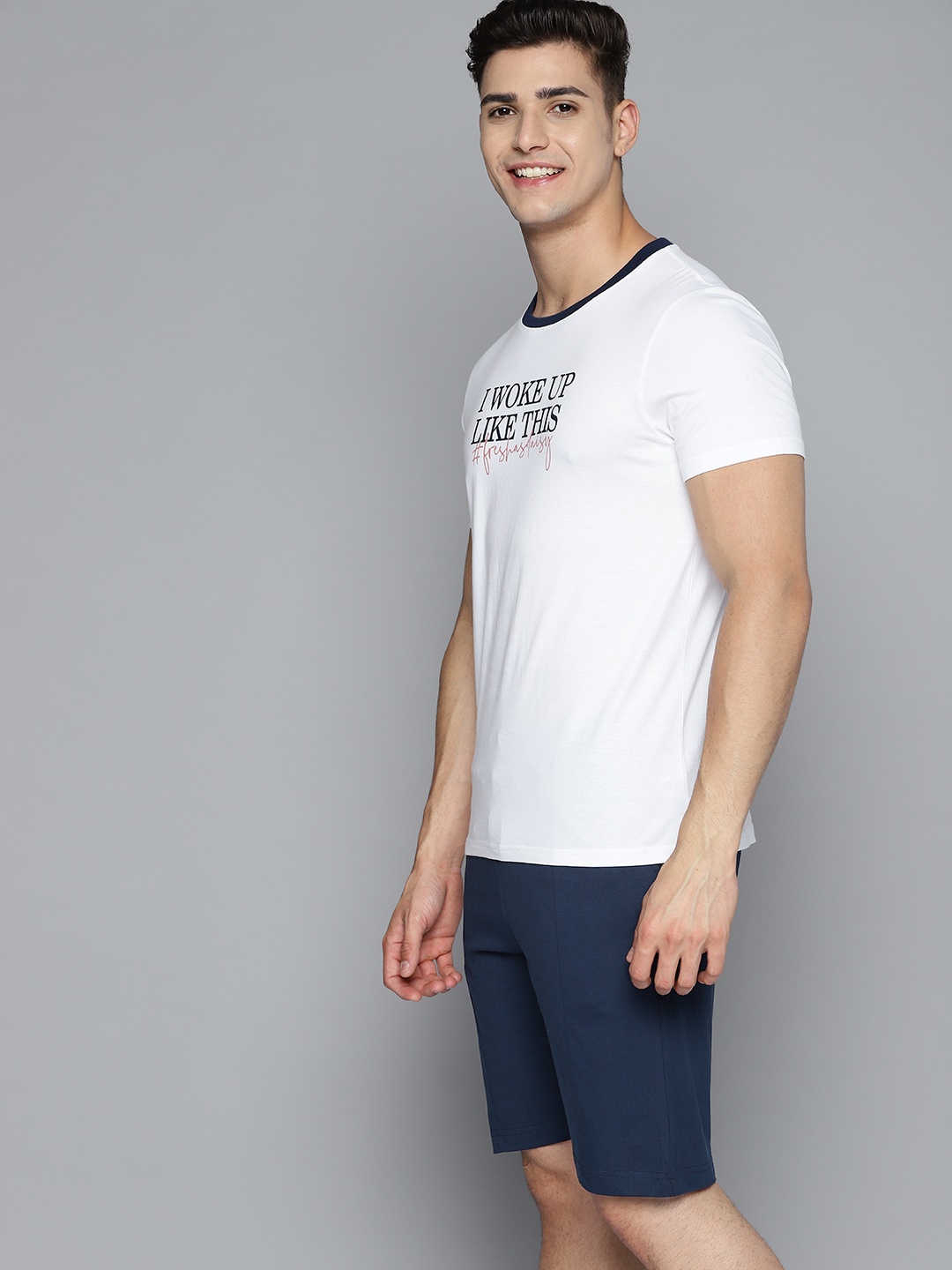 

Mast & Harbour Men White & Navy Blue Pure Cotton Typography Printed Shorts Set