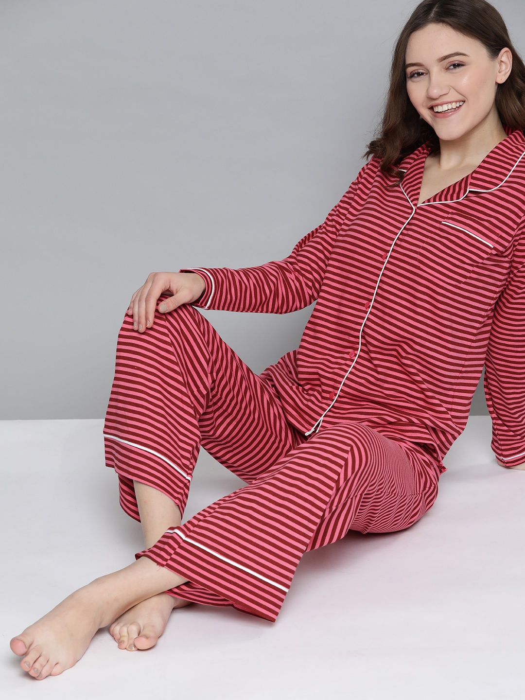 

Mast & Harbour Women Pink & Maroon Striped Pure Cotton Night Suit