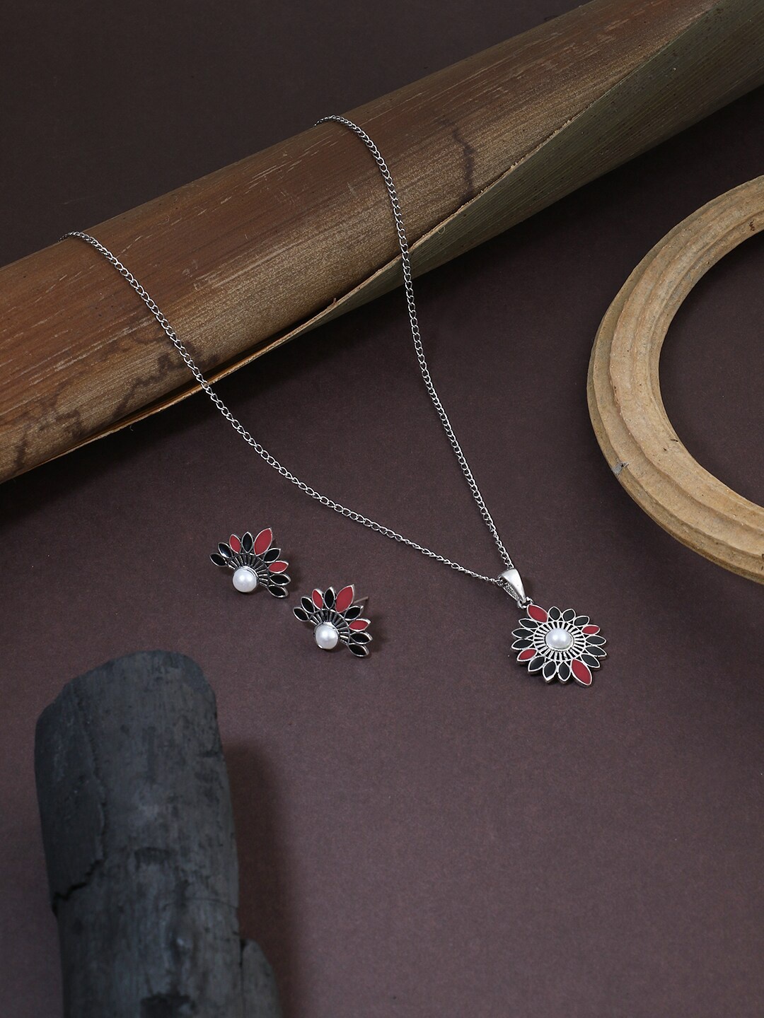 

Adwitiya Collection Silver-Plated Red & Black Contemporary Jewellery Set