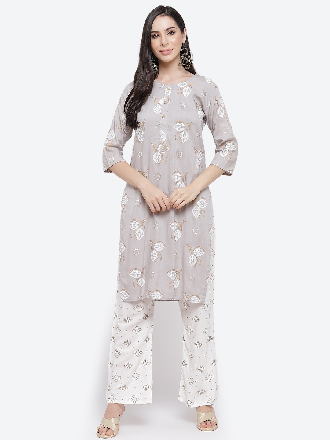 

Kurti's by Menka Women Grey & White Ethnic Motifs Printed Kurti with Palazzos