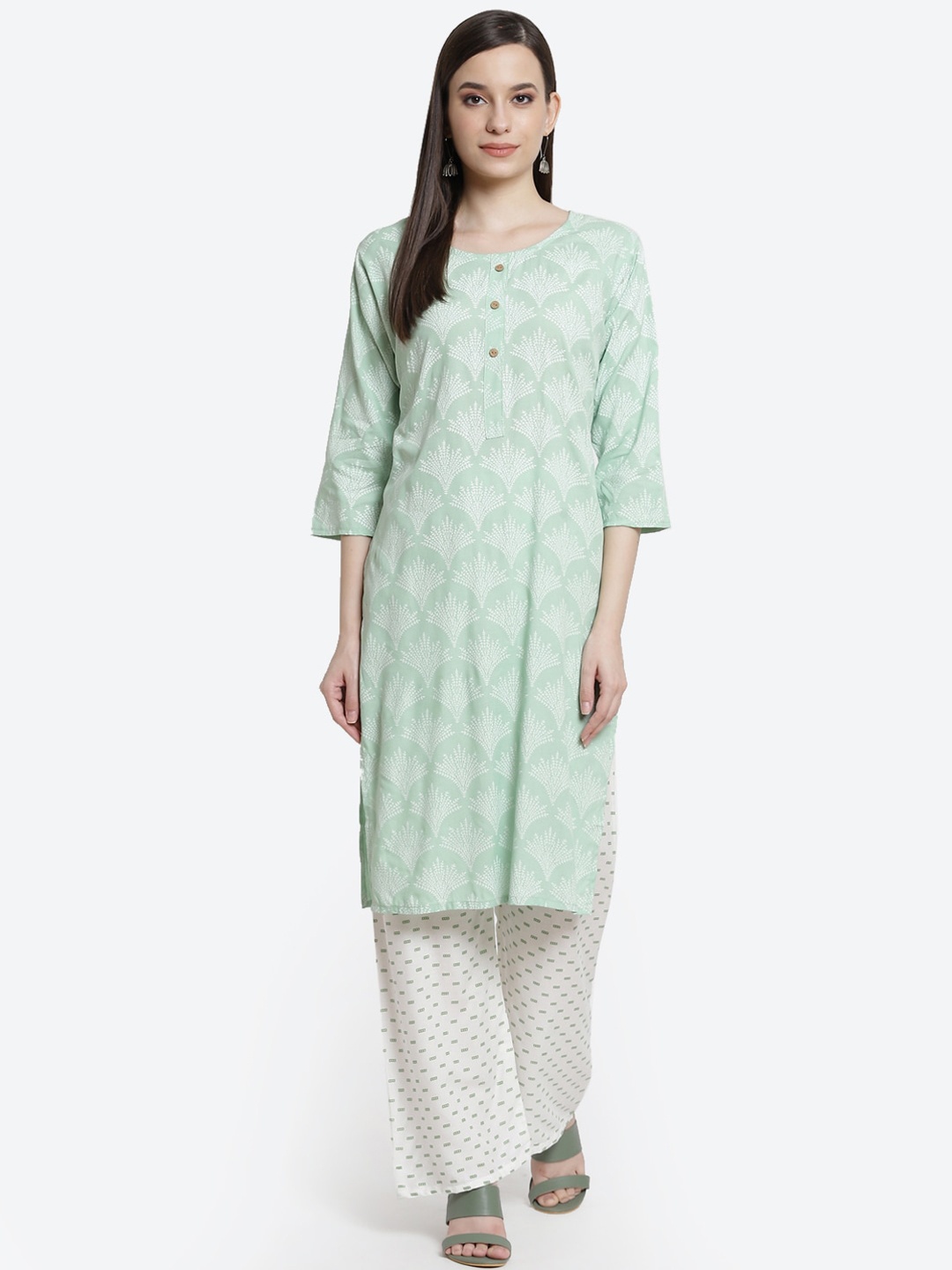 

Kurti's by Menka Women Sea Green Printed Kurti with Palazzos