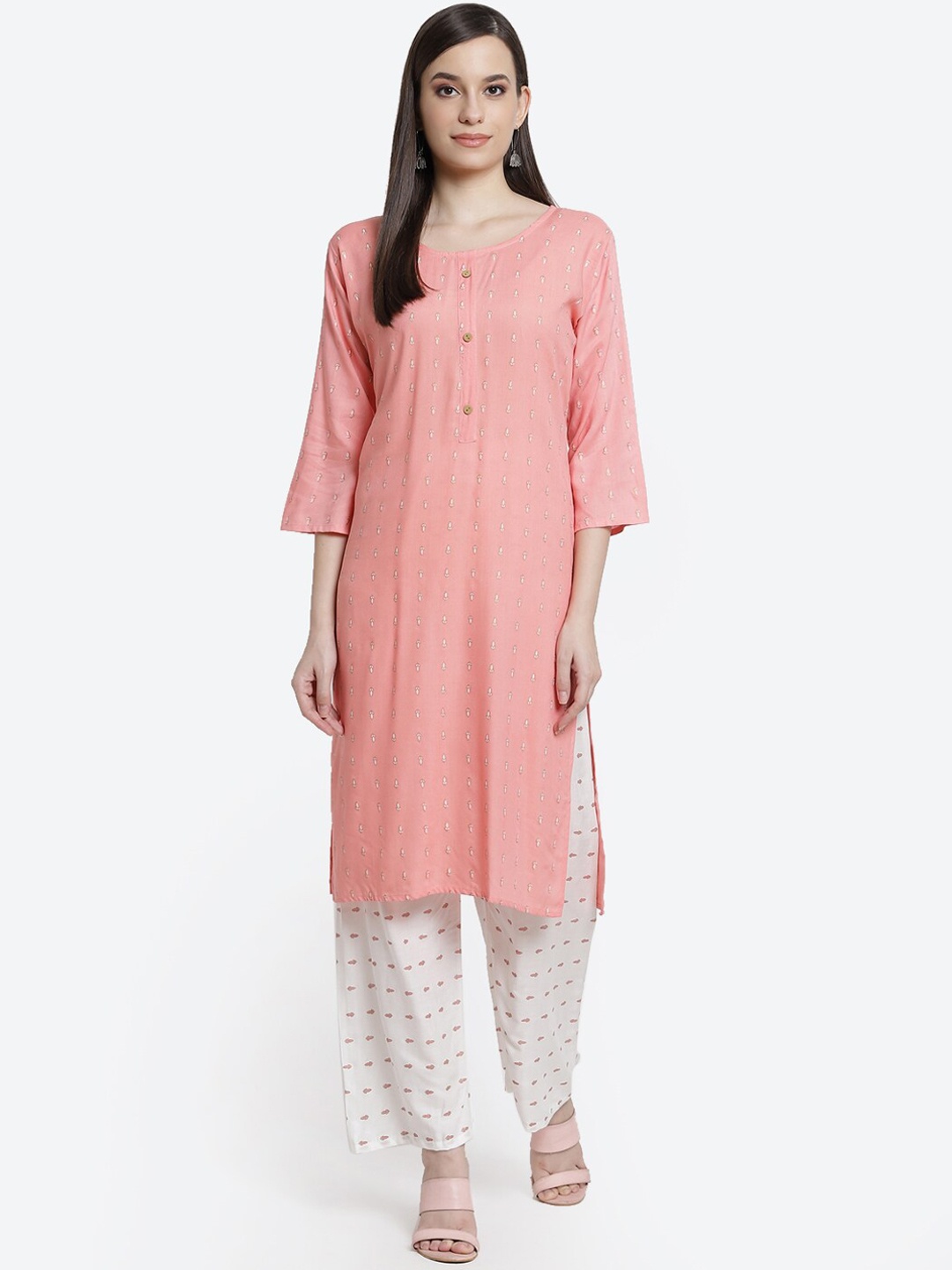 

Kurti's by Menka Women Peach & Cream Colored Ethnic Motifs Printed Kurti with Palazzos