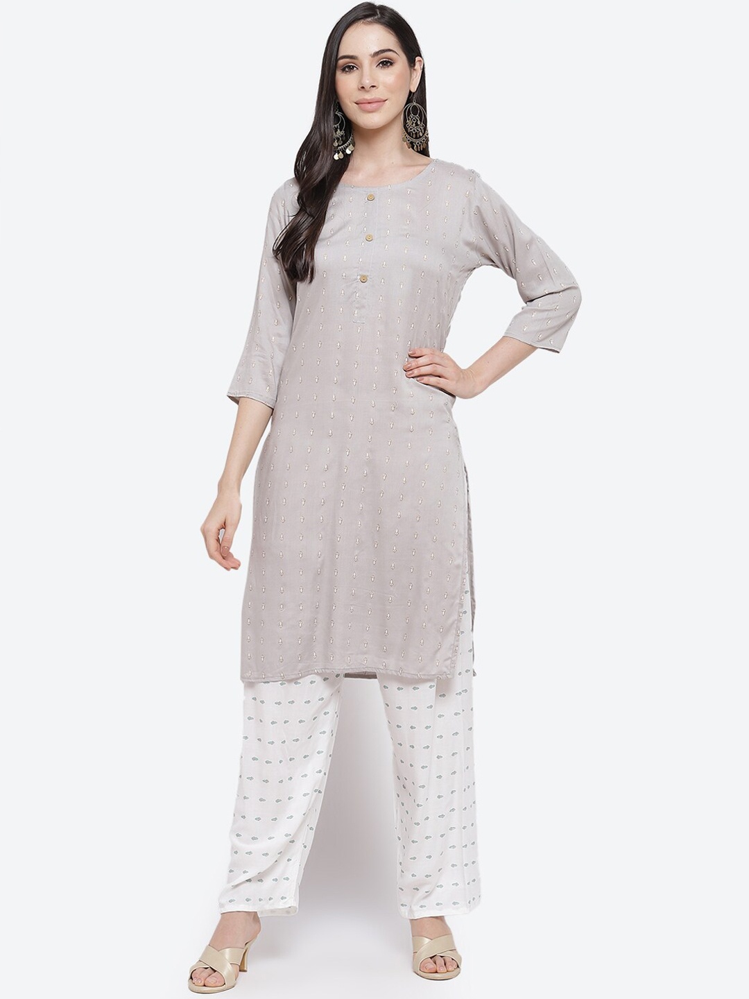 

Kurti's by Menka Women Grey & White Floral Printed Viscose Rayon Kurta With Palazzos