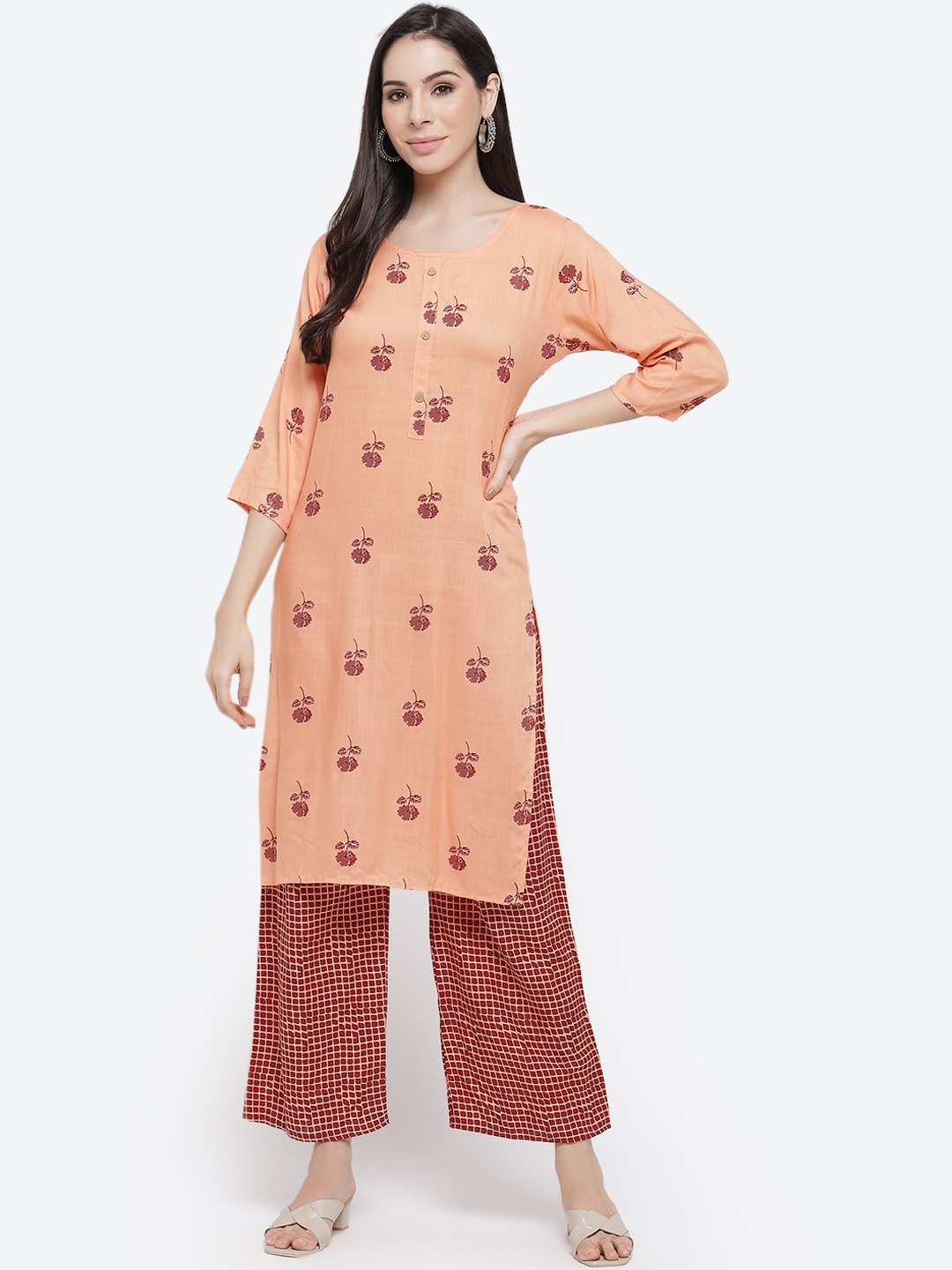 

Kurti's by Menka Women Peach-Coloured Floral Printed Kurta with Palazzos