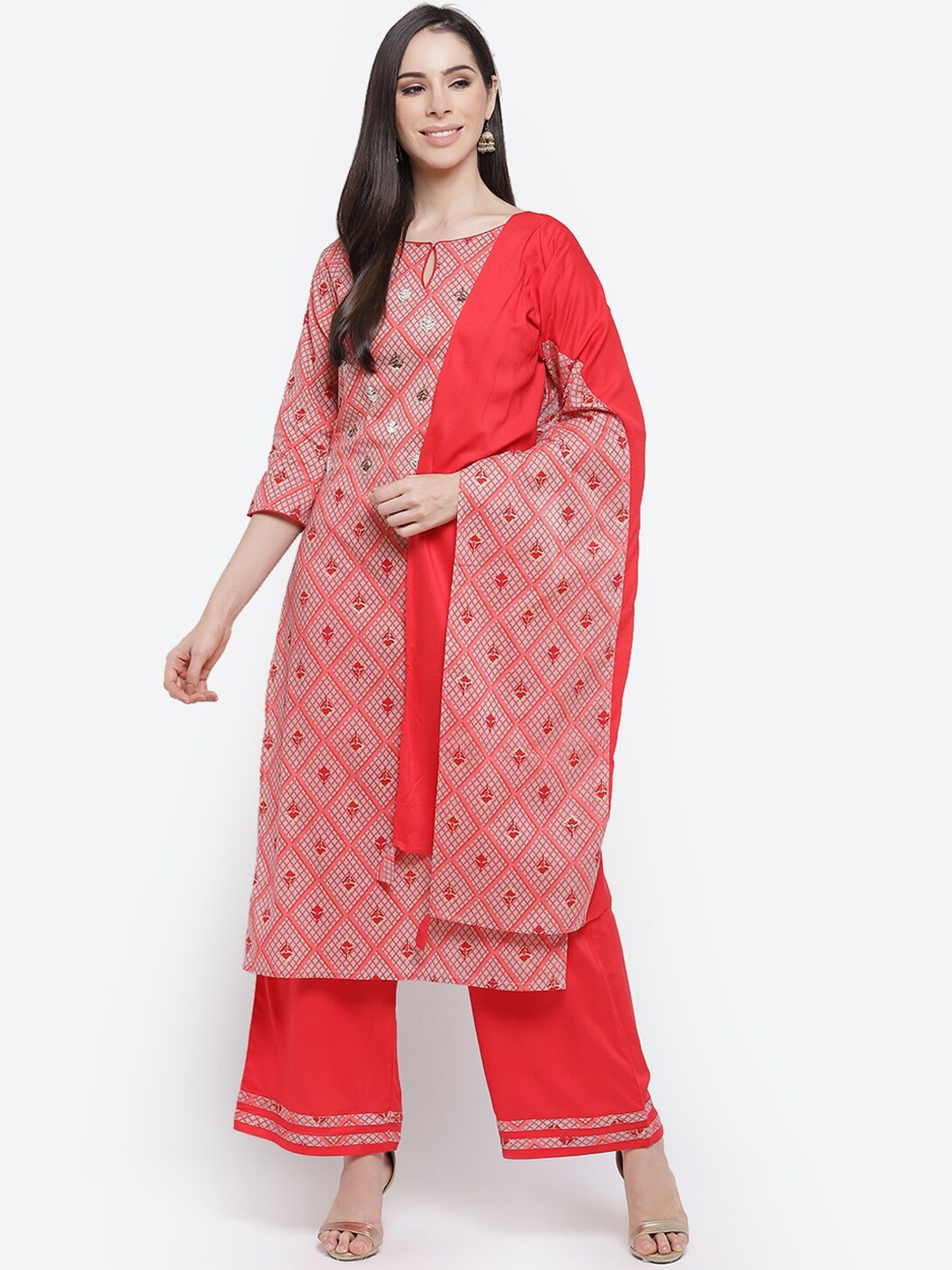 

Kurti's by Menka Women Red Striped Printed Straight Kurta With Palazzos & Dupatta