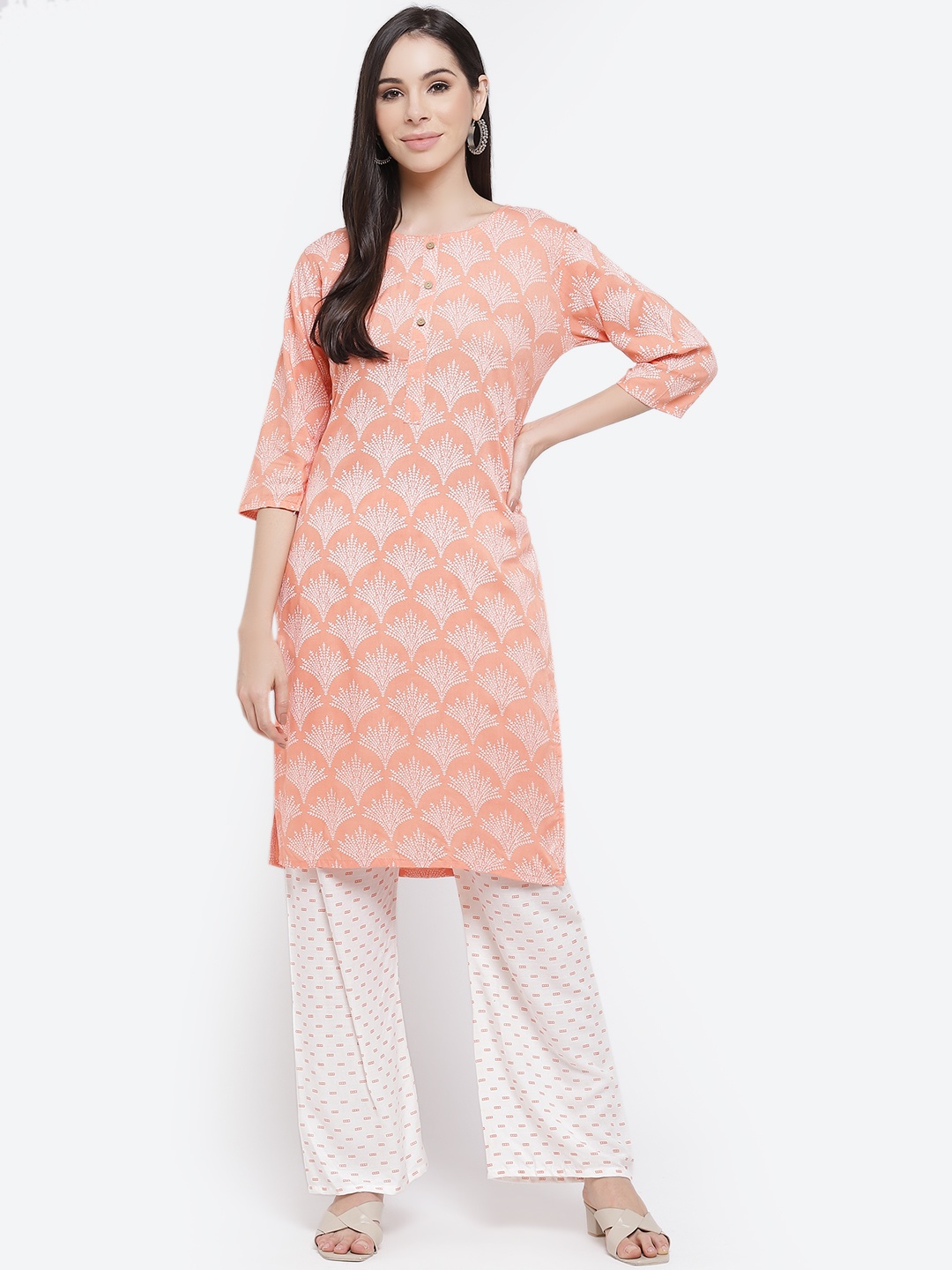 

Kurti's by Menka Women Peach-Coloured Ethnic Motifs Printed Kurta with Palazzos