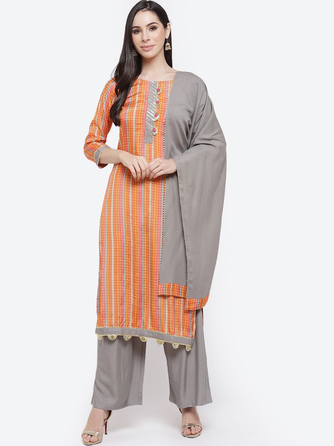 

Kurti's by Menka Women Orange & Grey Striped Kurti with Palazzos & Dupatta