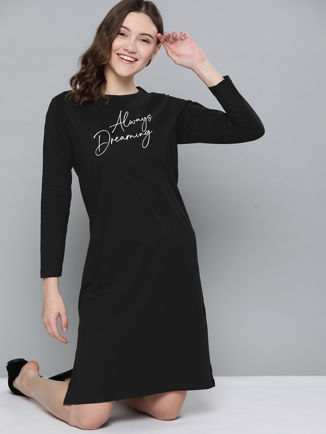 

Mast & Harbour Black & White Typography Print Cotton Side Slits T-Shirt Nightdress & Pouch