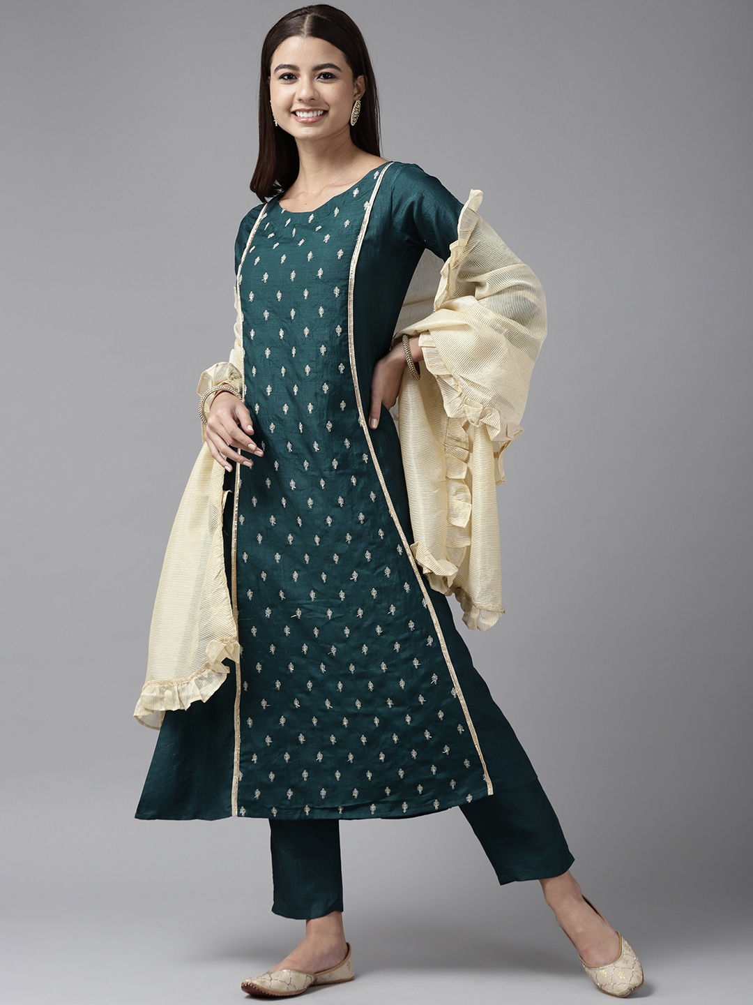 

Indo Era Women Teal Blue Ethnic Embroidered Panelled Gotta Patti Kurta Set & Dupatta
