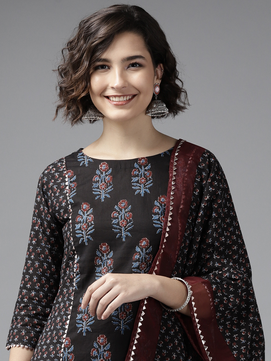 

Indo Era Women Black Regular Pure Cotton Kurta with Trousers & With Dupatta