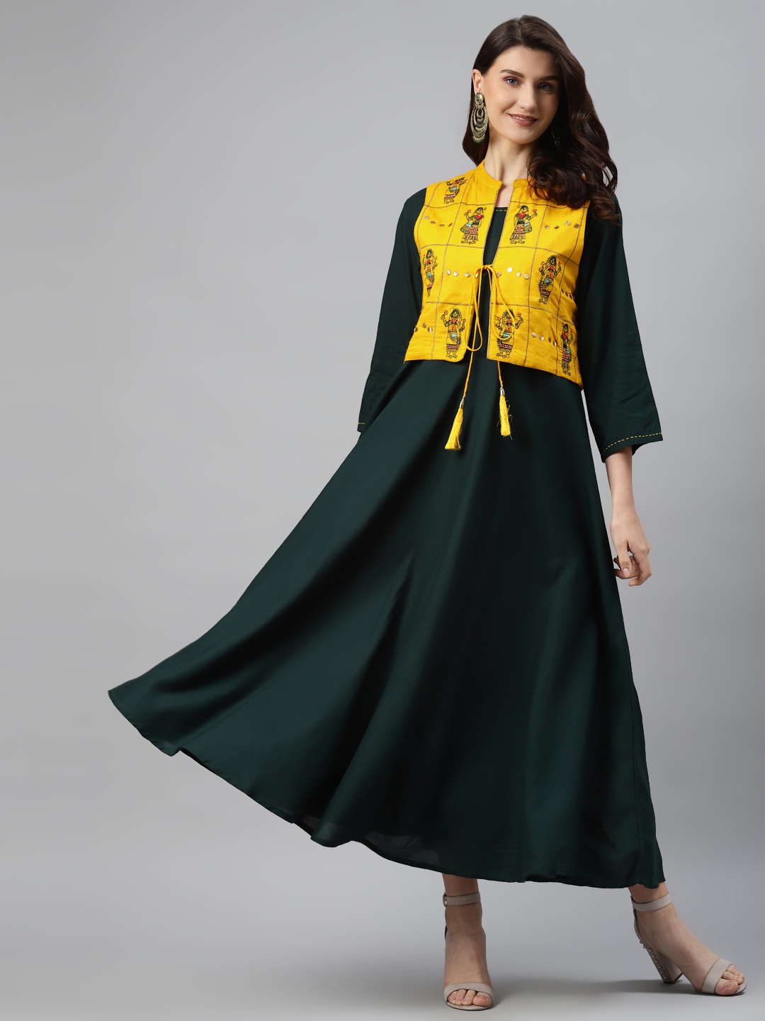 

Readiprint Fashions Women Green Solid A-Line Kurta with Embroidered Jacket