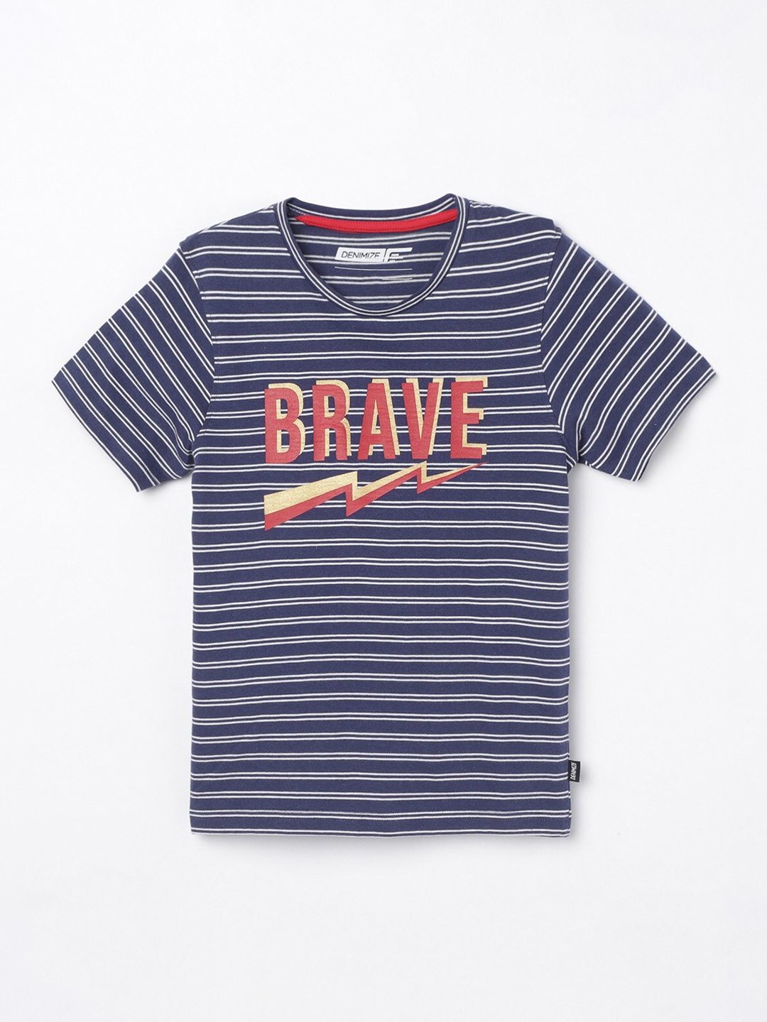 

Denimize by Fame Forever Boys Navy Blue Striped Applique T-shirt