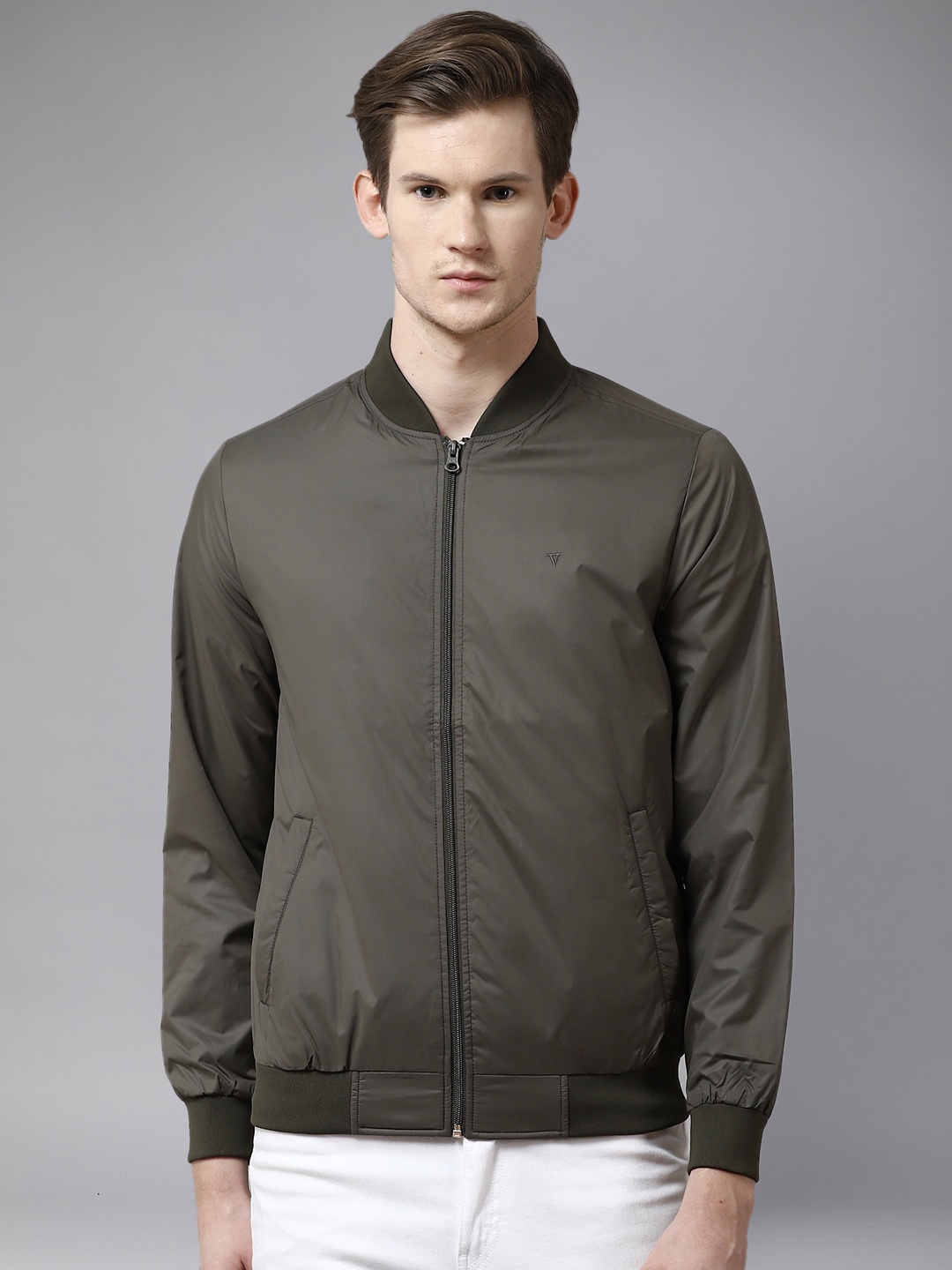 

Van Heusen Men Olive Green Solid Bomber Jacket