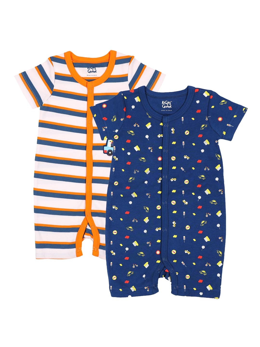 

KICKS & CRAWL Infant Boys Pack Of 2 Printed Cotton Rompers, Navy blue