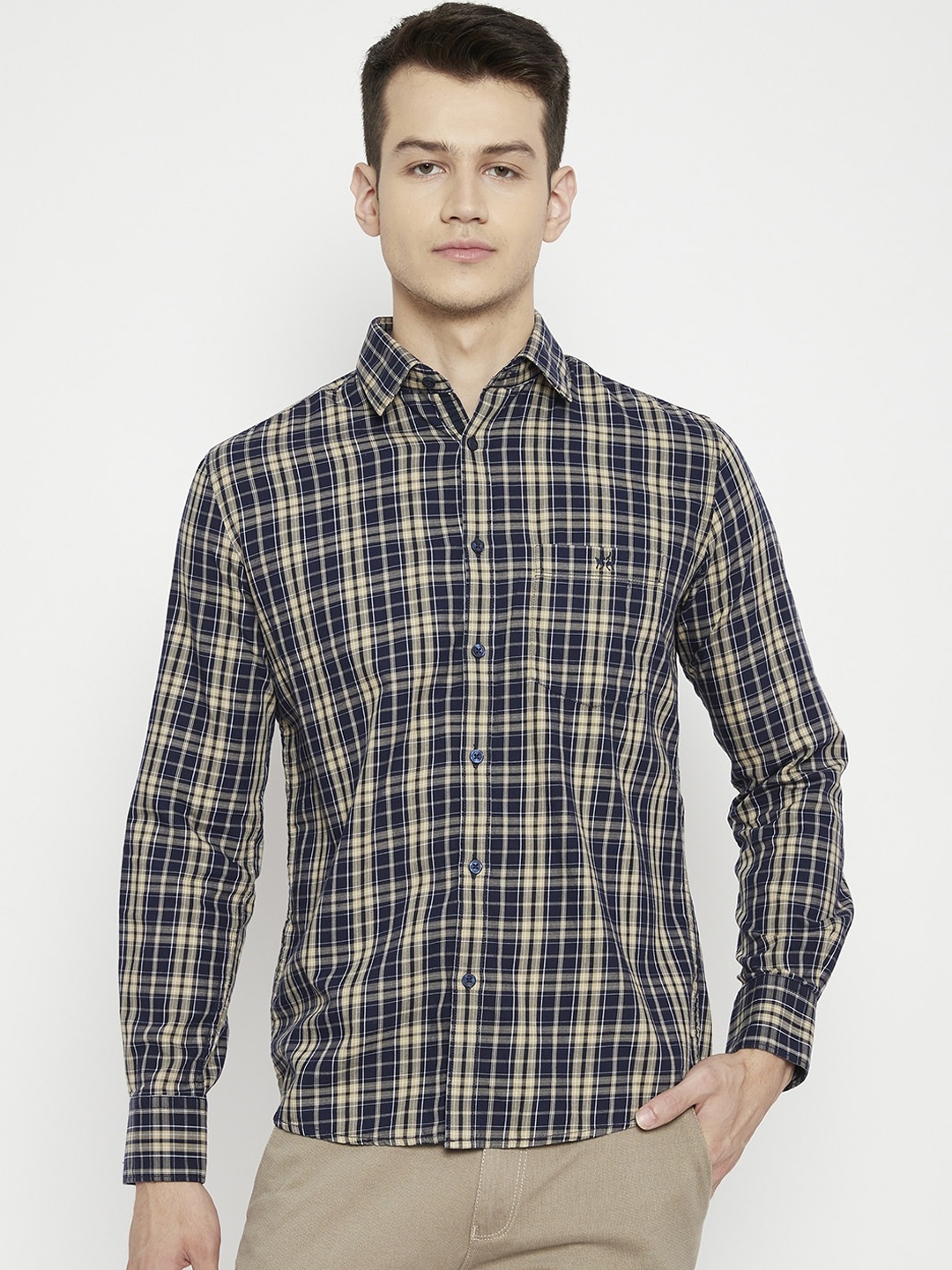 

Crimsoune Club Men Navy Blue Slim Fit Tartan Checks Checked Casual Shirt