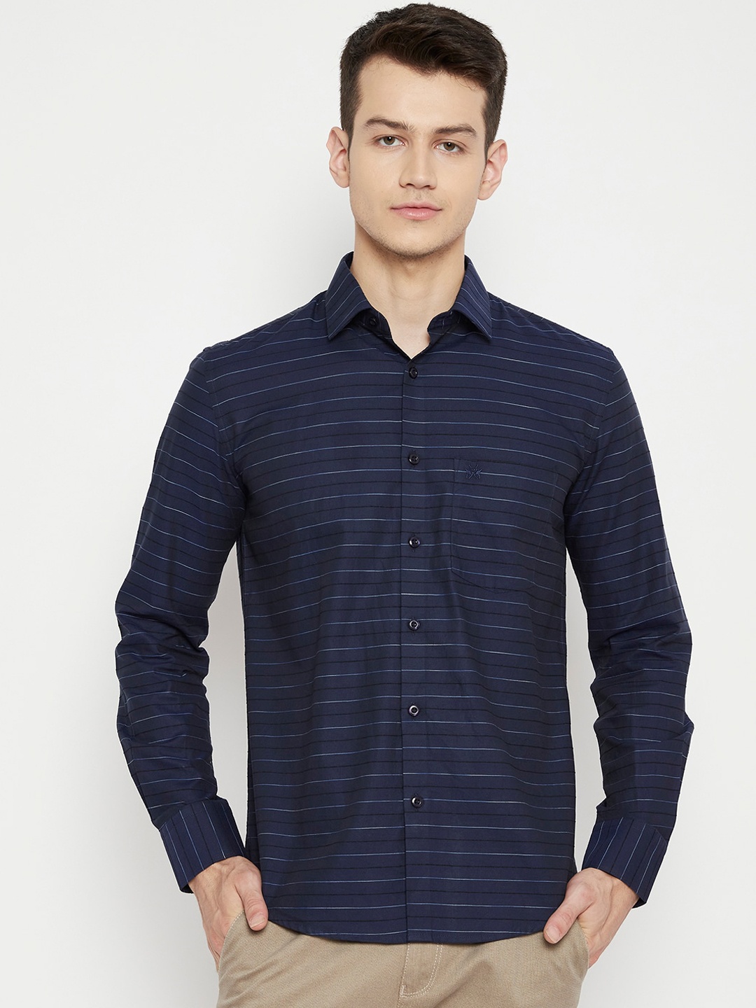 

Crimsoune Club Men Navy Blue Slim Fit Horizontal Stripes Striped Casual Shirt