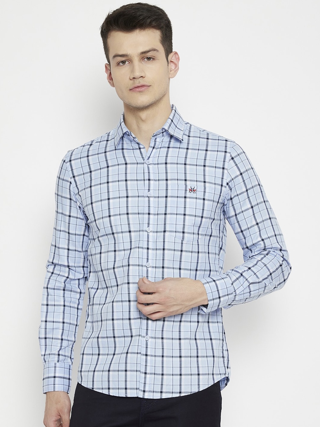 

Crimsoune Club Men Blue Slim Fit Windowpane Checks Checked Casual Shirt