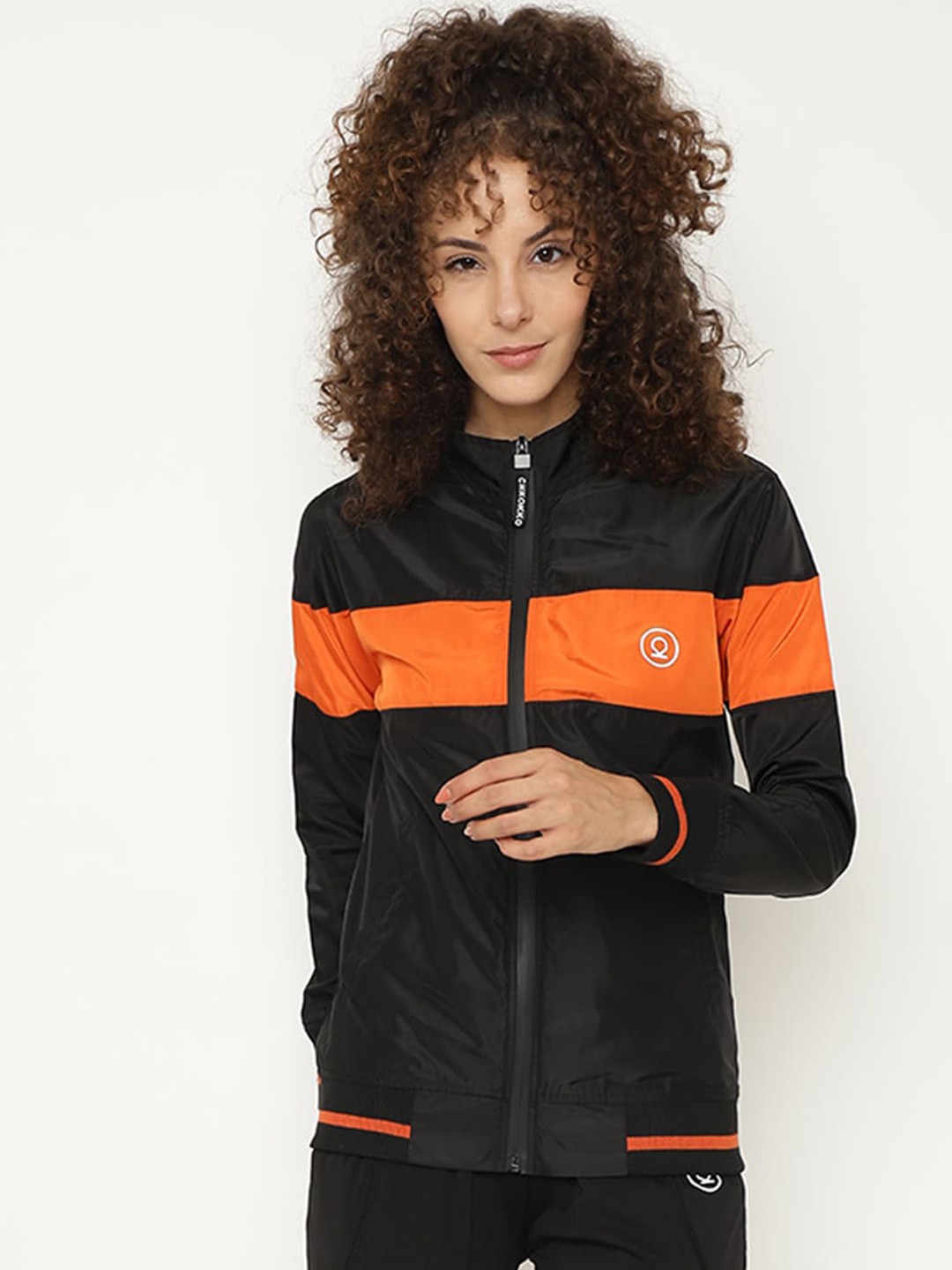 

Chkokko Women Black Orange Colourblocked Sporty Jacket