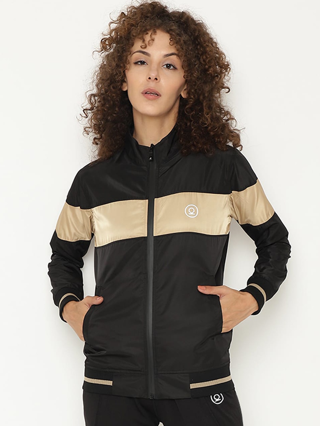 

CHKOKKO Women Black Beige Colourblocked Sporty Jacket