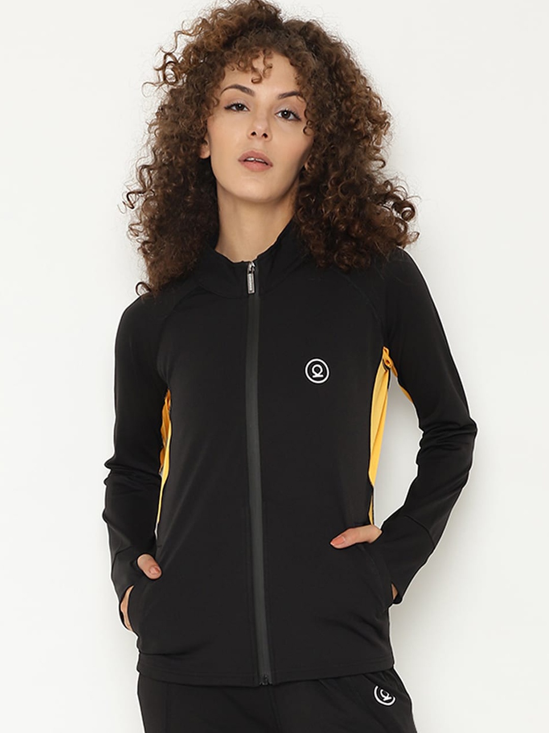

CHKOKKO Women Black Yellow Zipper Sporty Jacket with Patchwork