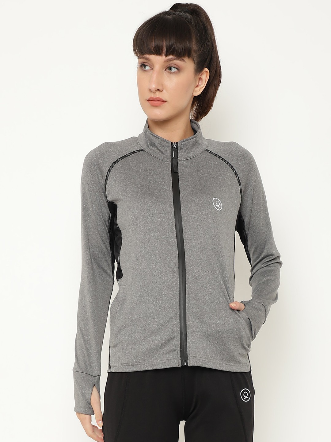 

CHKOKKO Women Grey & Black Sporty Zipper Jacket