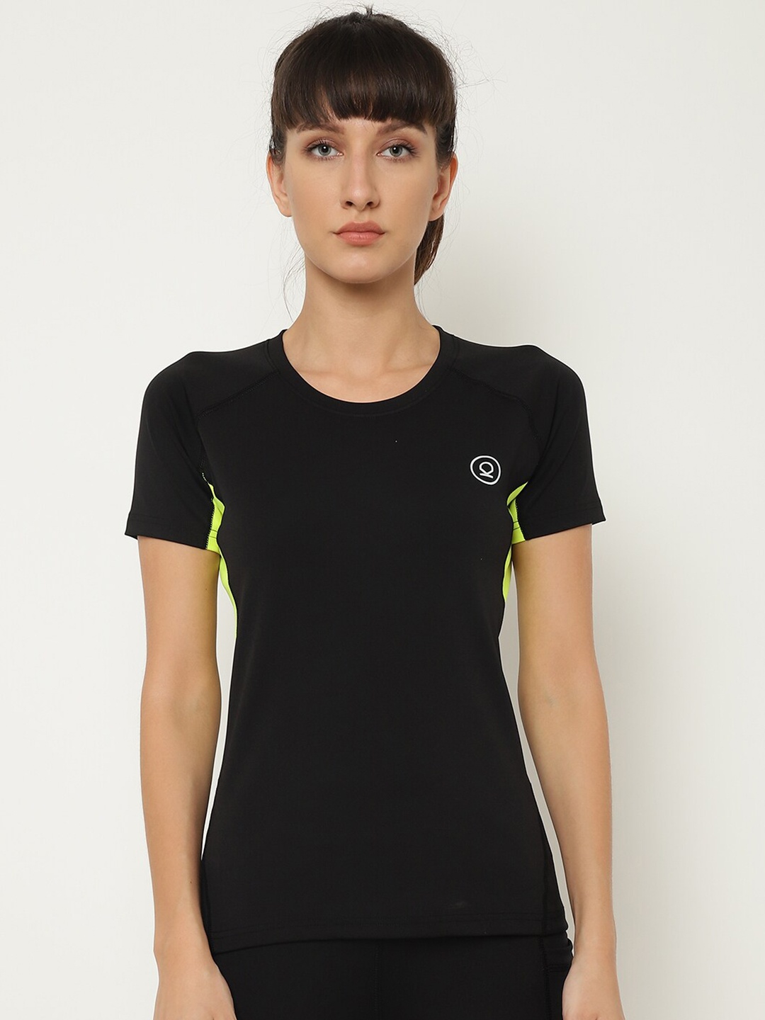 

CHKOKKO Women Black & Fluorescent Green Antimicrobial Active Wear Sports T-shirt