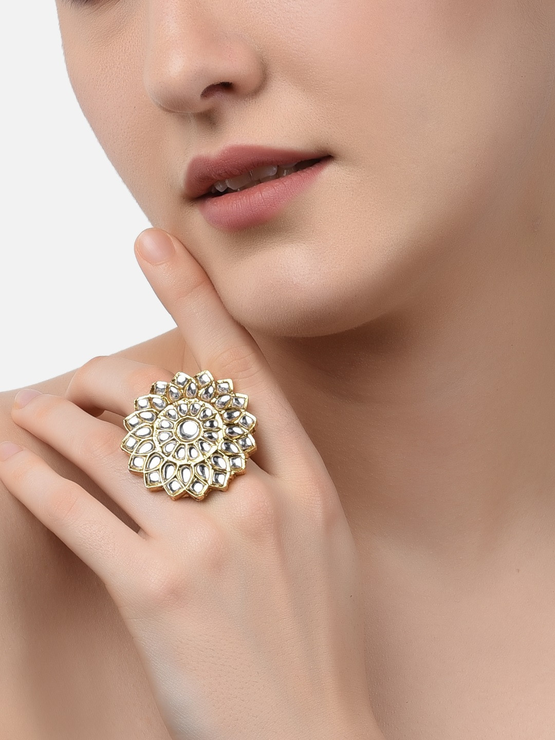 

Zaveri Pearls Gold-Plated White Kundan-Studded Adjustable Traditional Finger Ring