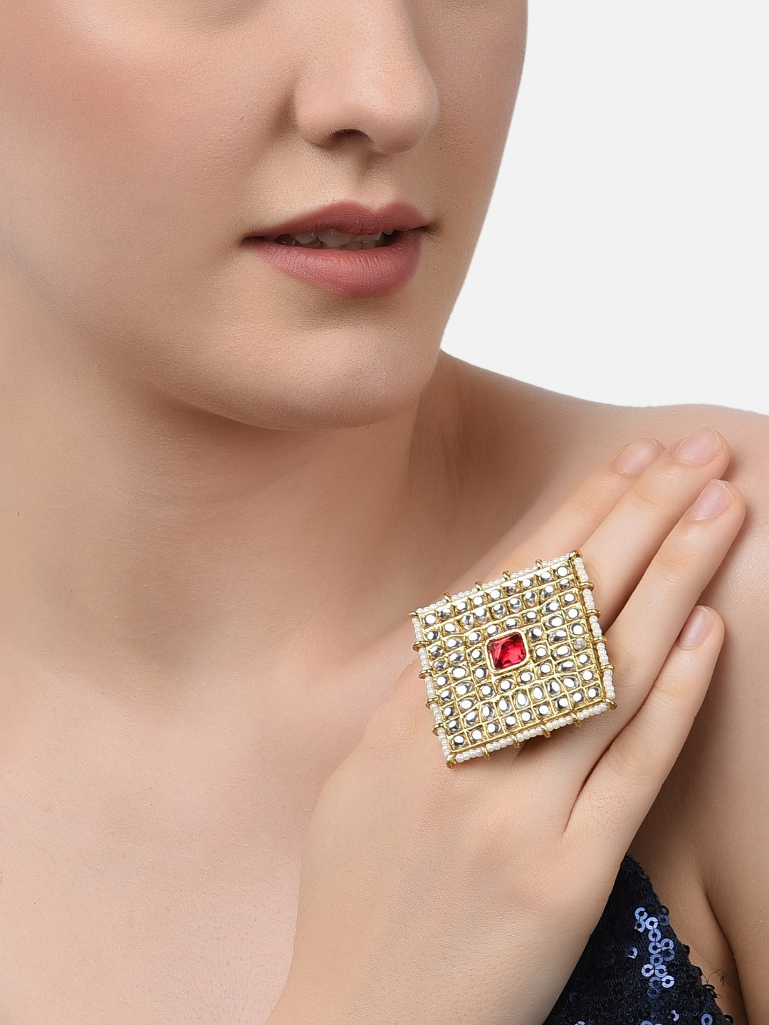 

Zaveri Pearls Gold-Plated Pink & White Kundan-Studded & Pearl Beaded Adjustable Finger Ring