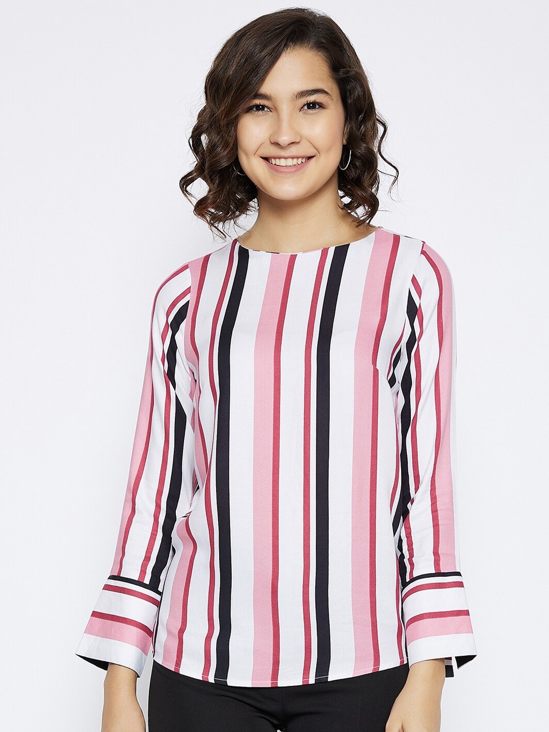 

Crimsoune Club Women White and Pink Striped Cuffed Sleeves Regular Top