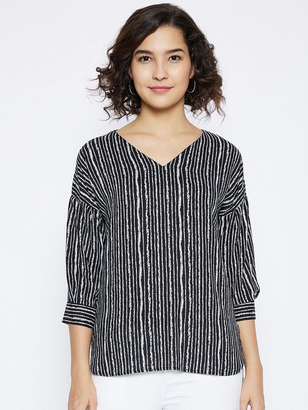 

Crimsoune Club Women Black & White Striped Regular Top