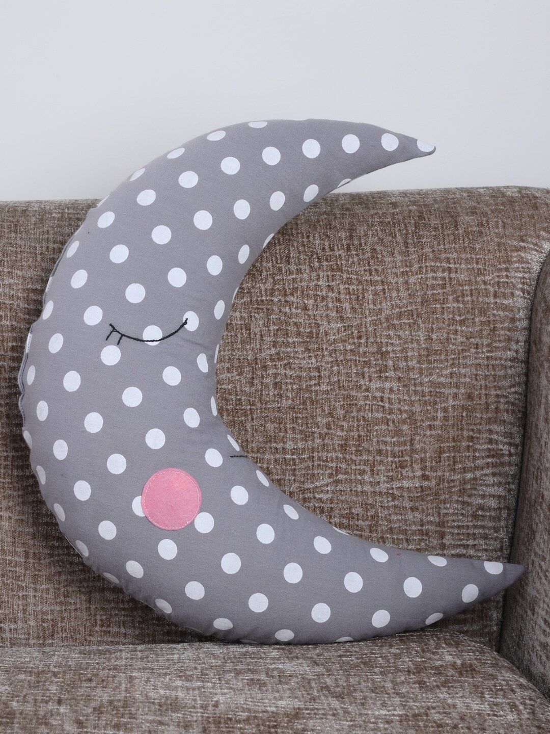 

YK Kids Grey & White Polka Dot Printed Moon-Shaped Cotton Cushion