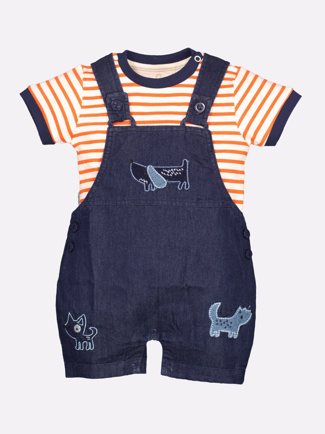 

BABY GO Infant Boys Navy Blue & Orange Striped Pure Cotton Dungaree with T-Shirt