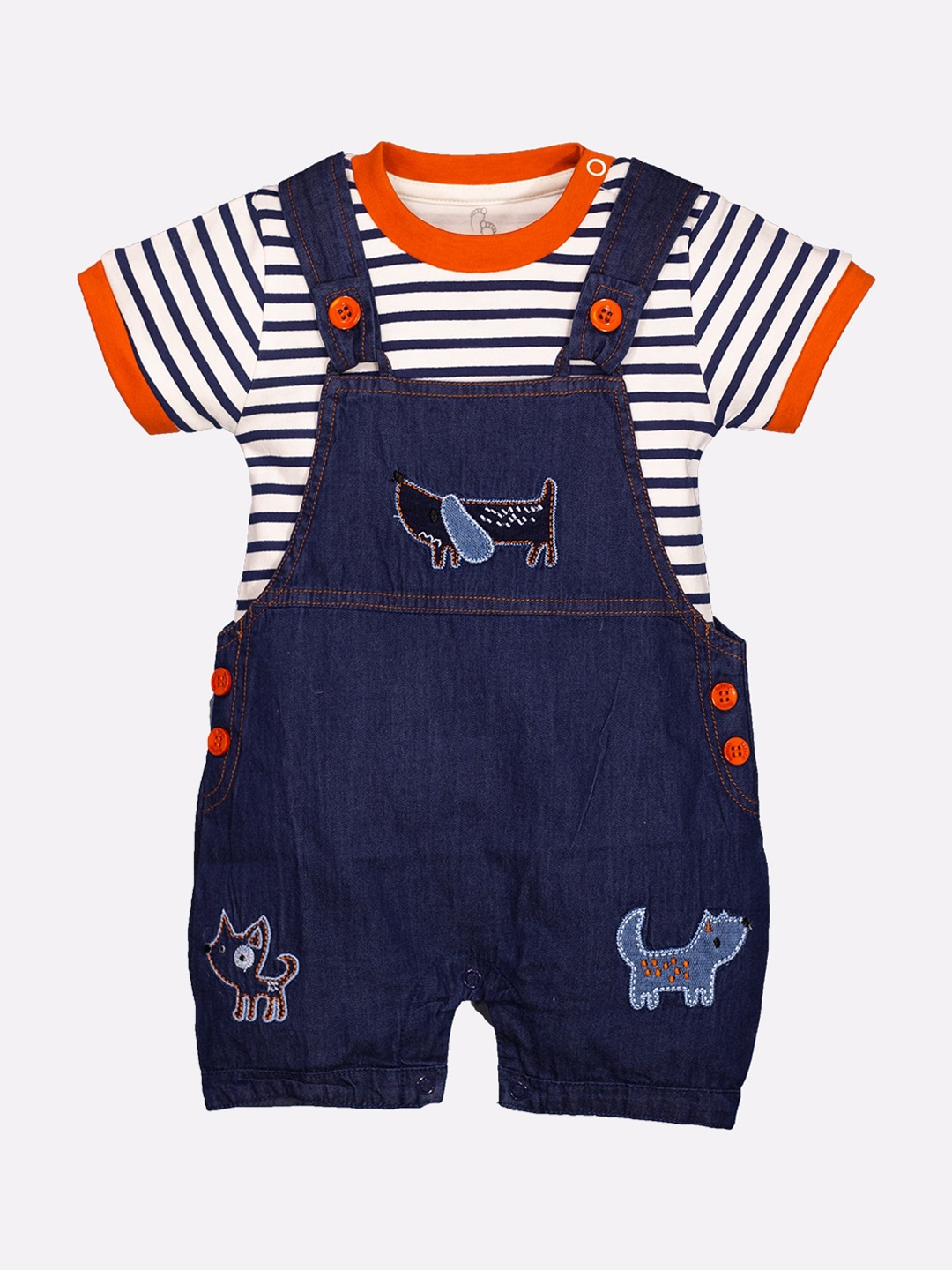 

BABY GO Infant Boys Pure Cotton Dungaree With Striped T-Shirt, Navy blue