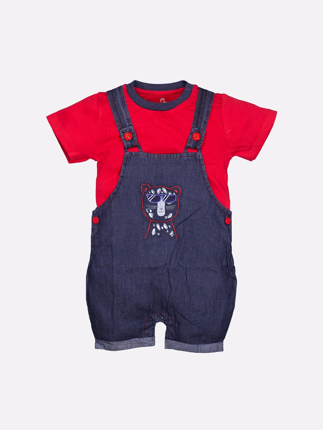 

BABY GO Infant Boys Navy Blue & Red Printed Pure Cotton Dungarees With T-Shirt