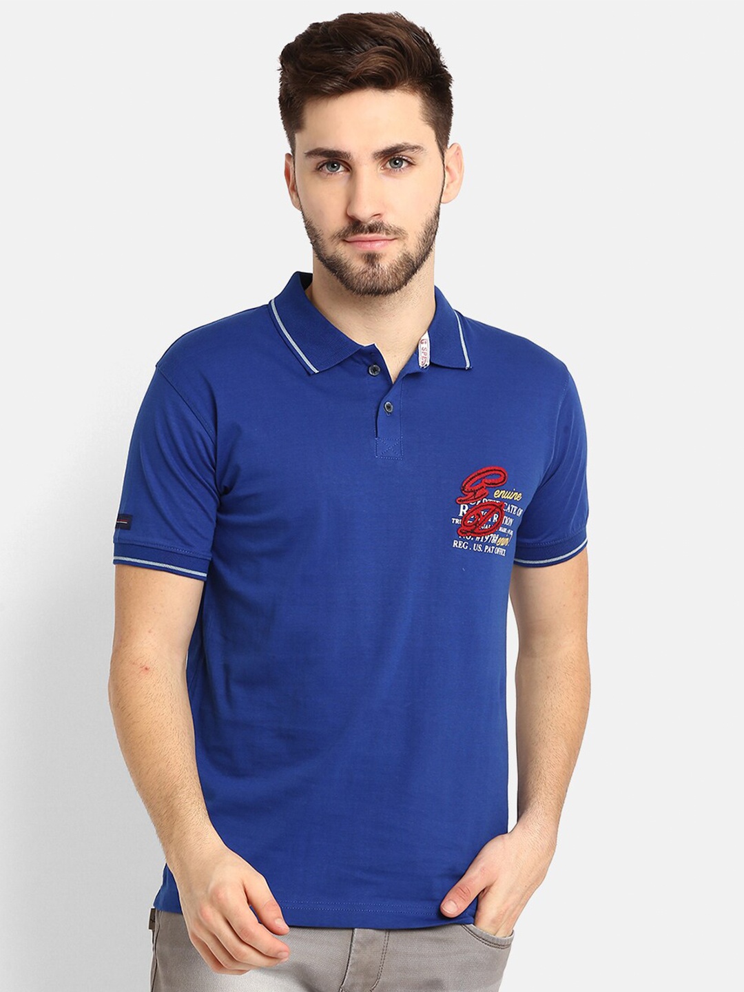 

V2 Value Variety Men Blue Solid Polo Collar Pure Cotton T-shirt