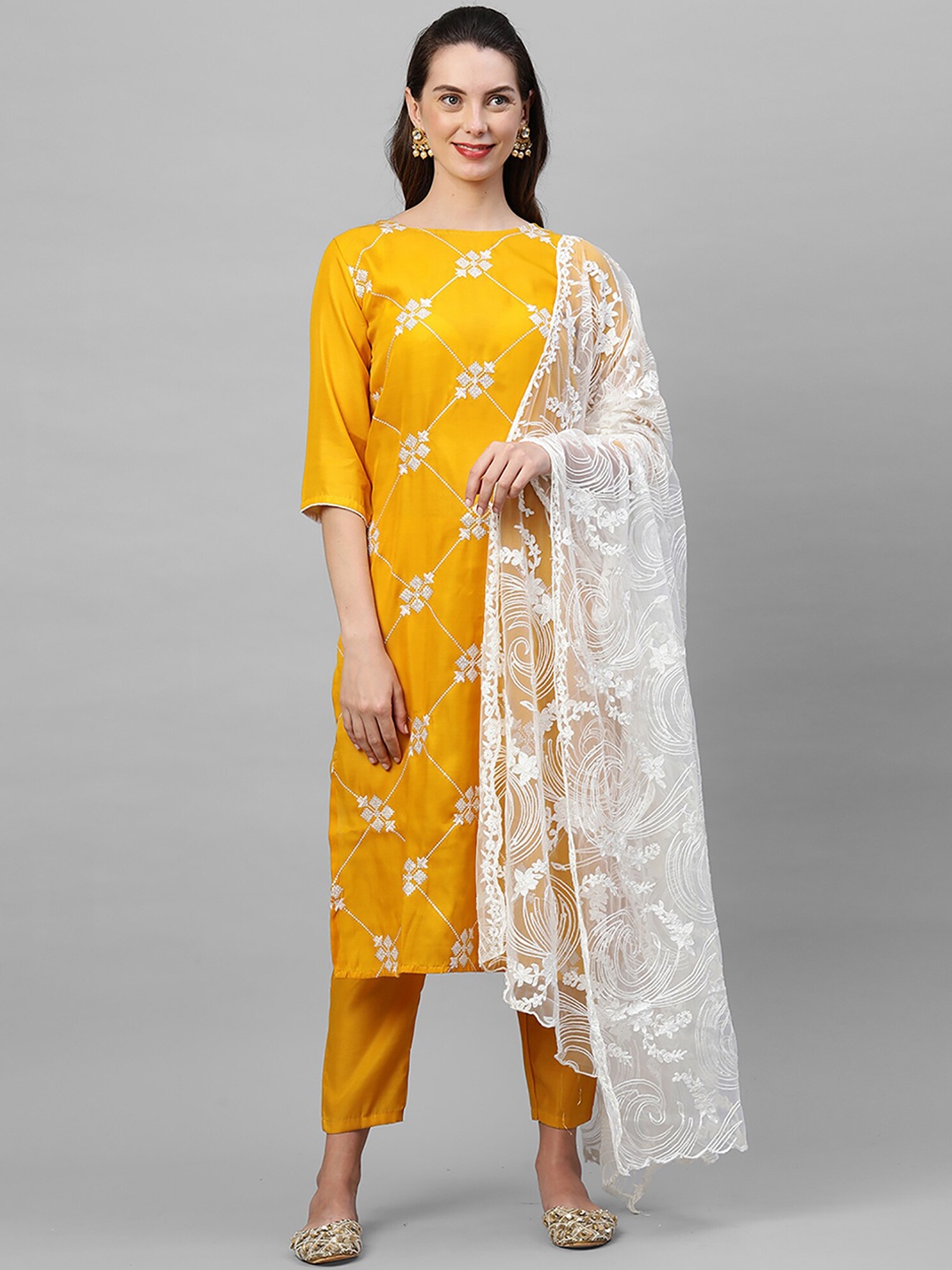 

Indo Era Women Yellow Embroidered Kurta with Trousers & With Dupatta